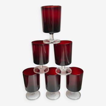 Lot de 6 grands verres à pieds bordeaux made in france années 70