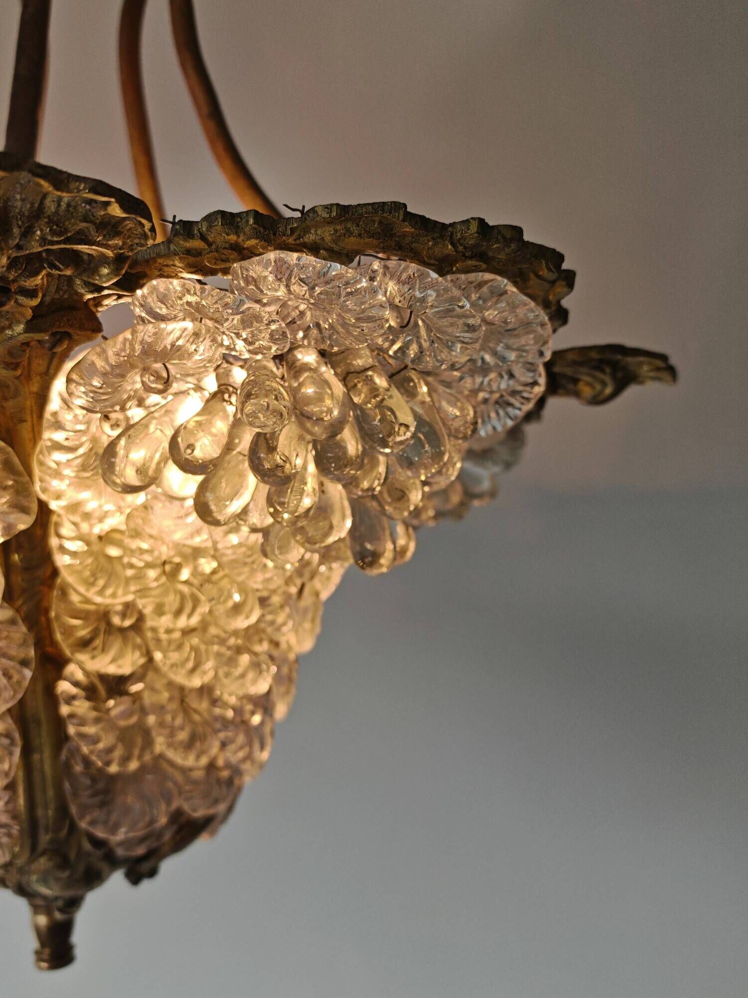 Art Nouveau bronze chandelier with Murano glass flowers