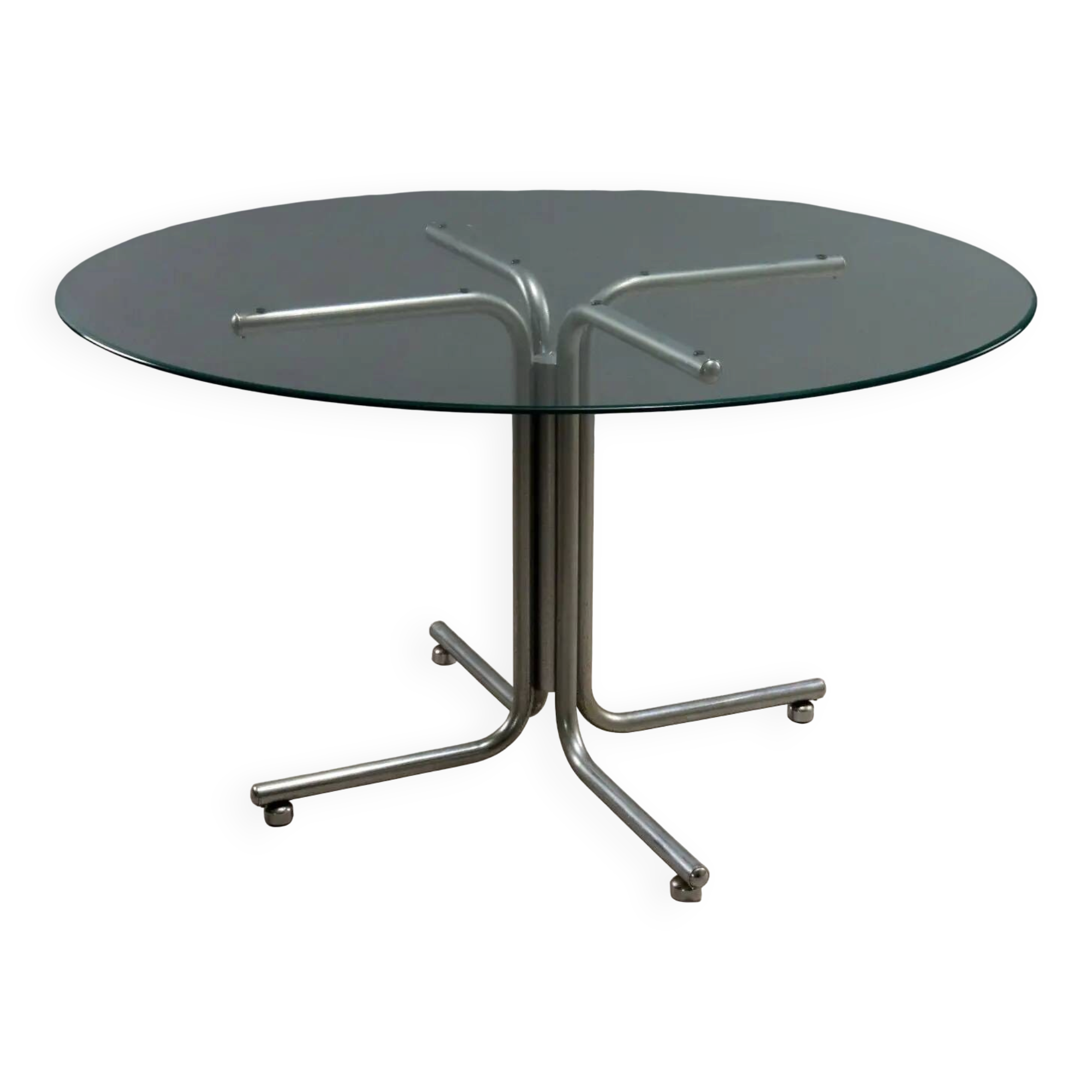 Vintage round table in chrome metal and glass, 1970s.