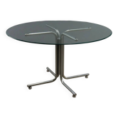 Vintage round table in chrome metal and glass, 1970s.