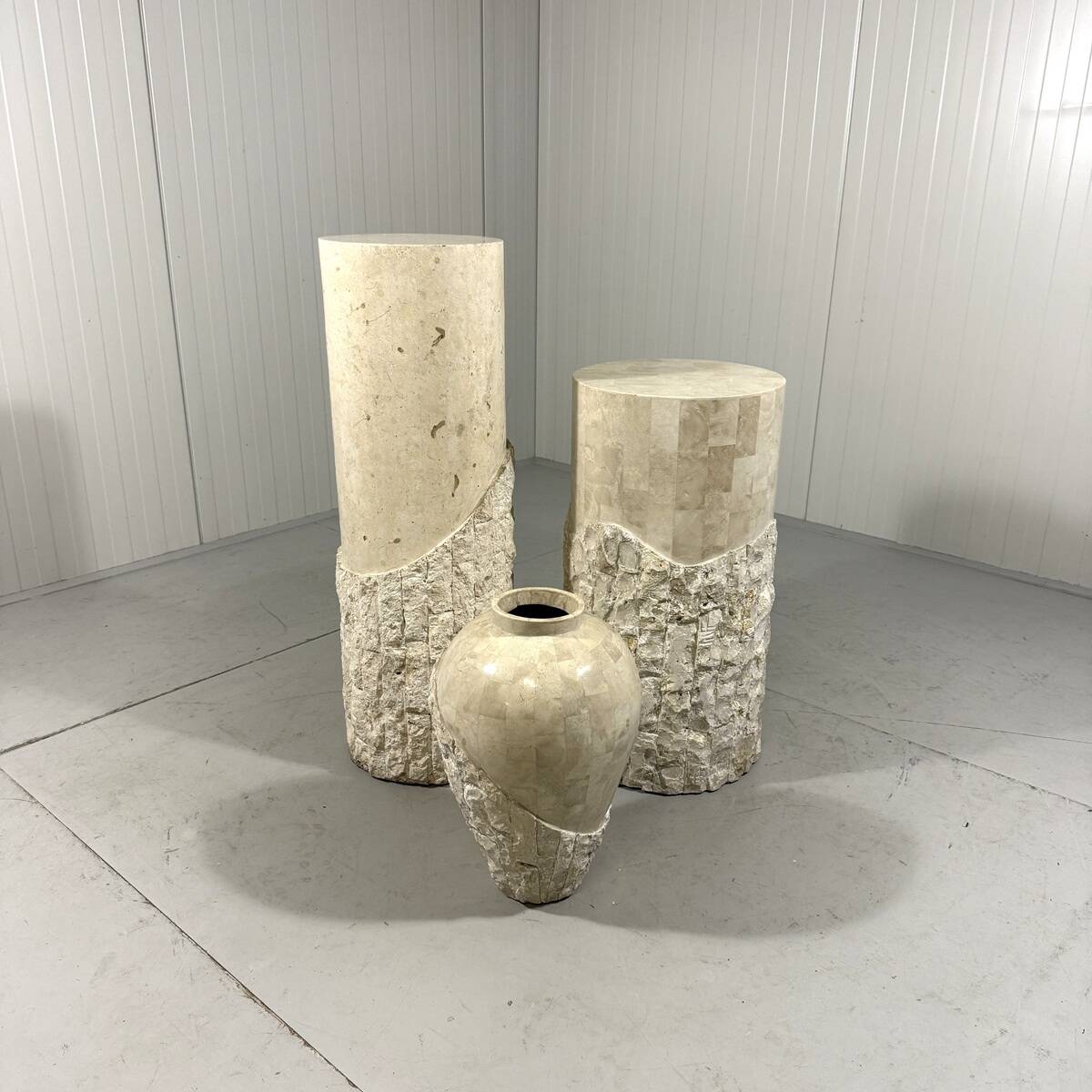 Travertine mactan stone columns & vase 1980’s