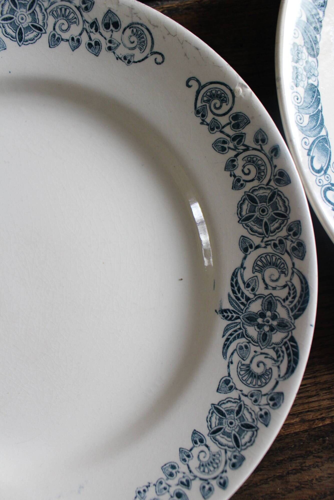 6 mismatched flat plates Terre de fer bleu Alésia Marcel Longchamp