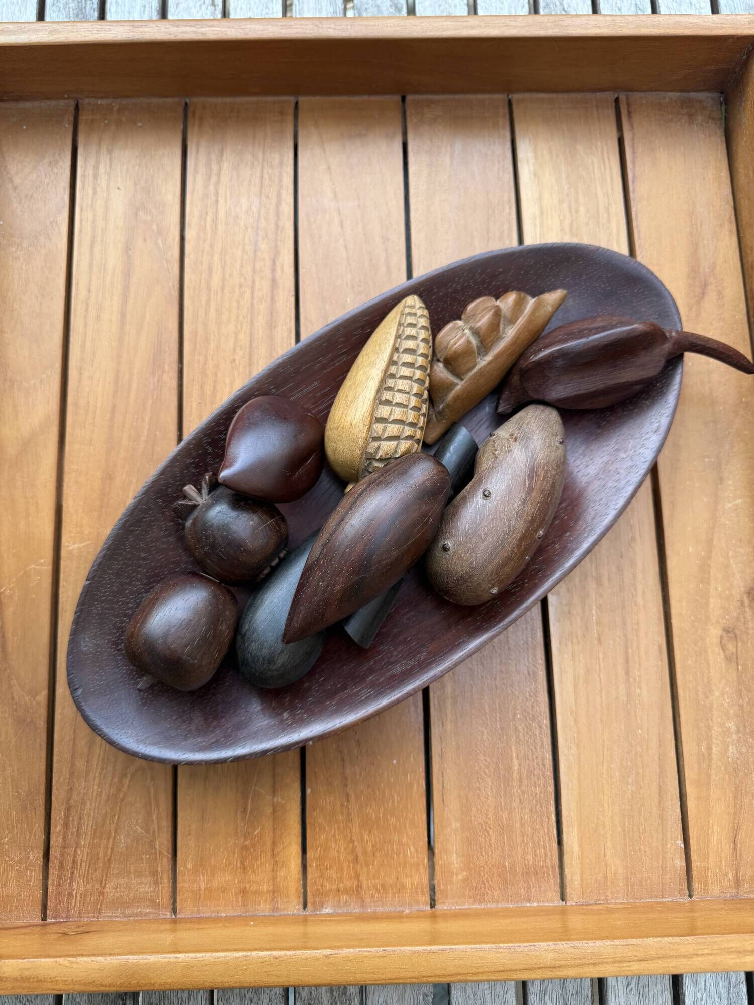 Large vintage carved wooden bowl with decorative fruits – 1970s