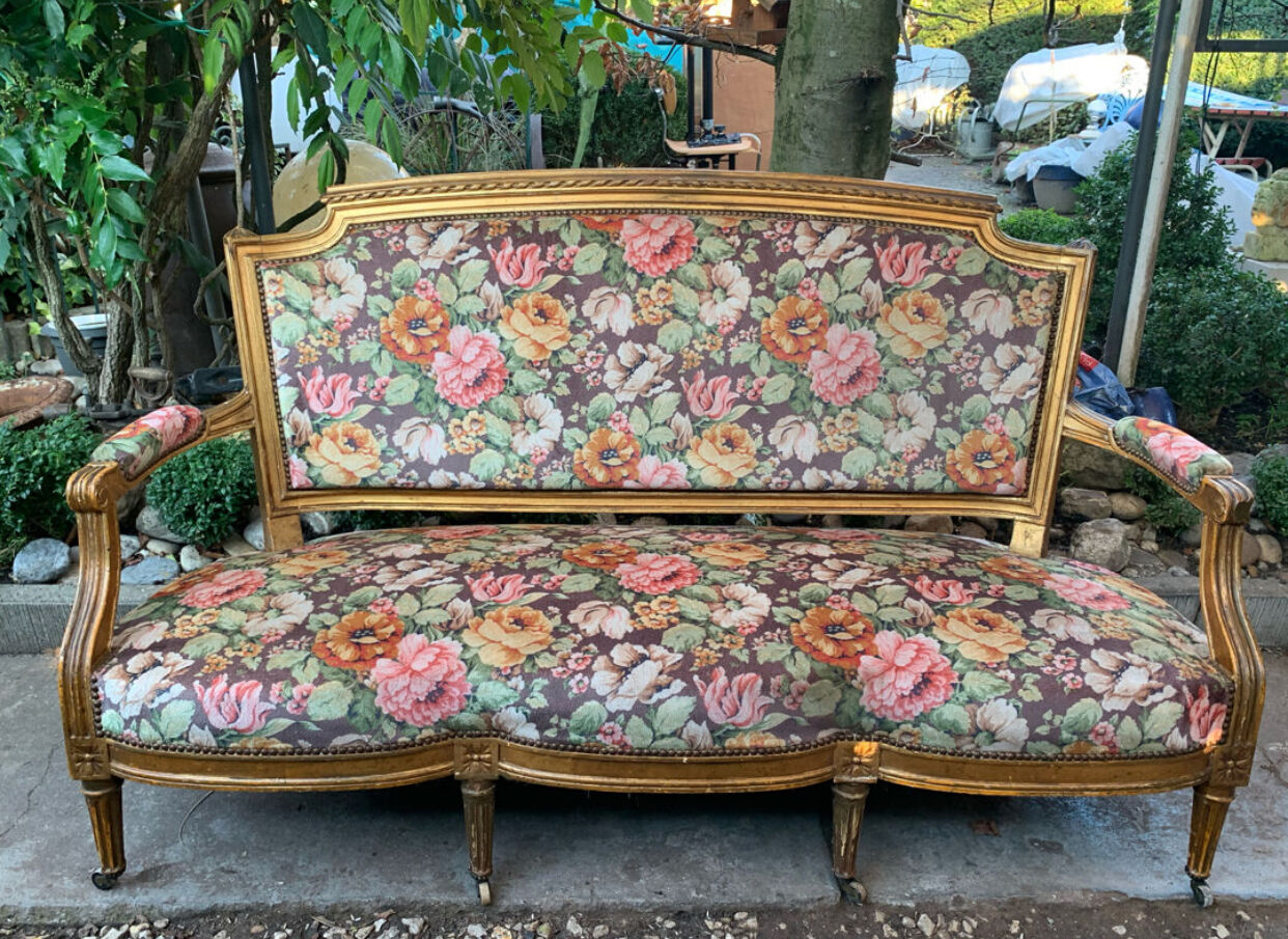 19th-century floral velvet bench