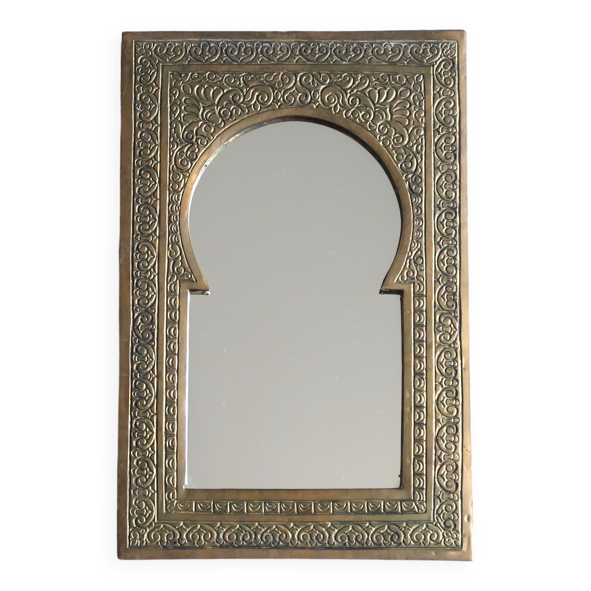 Rectangular Moroccan mirror in brass resembling a door, 1970s.