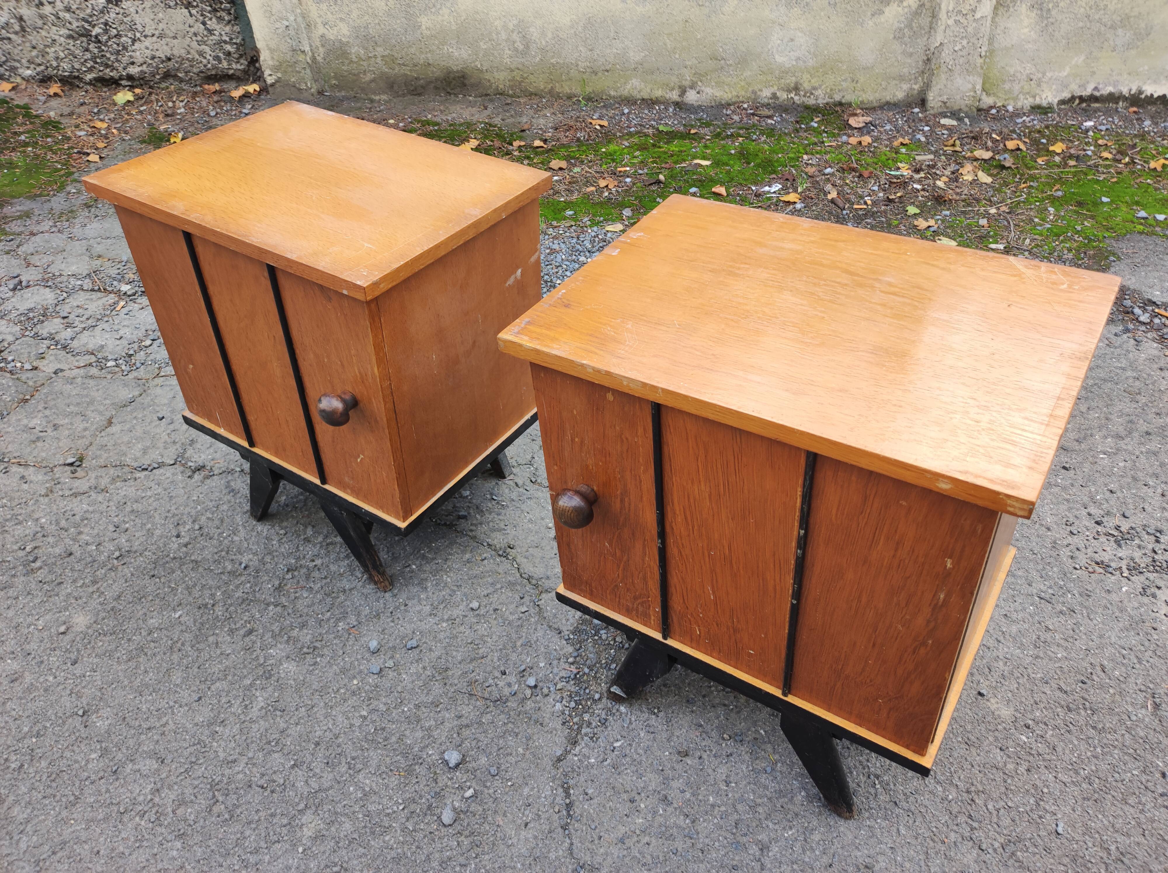 Pair of wooden bedside tables feet vintage compass