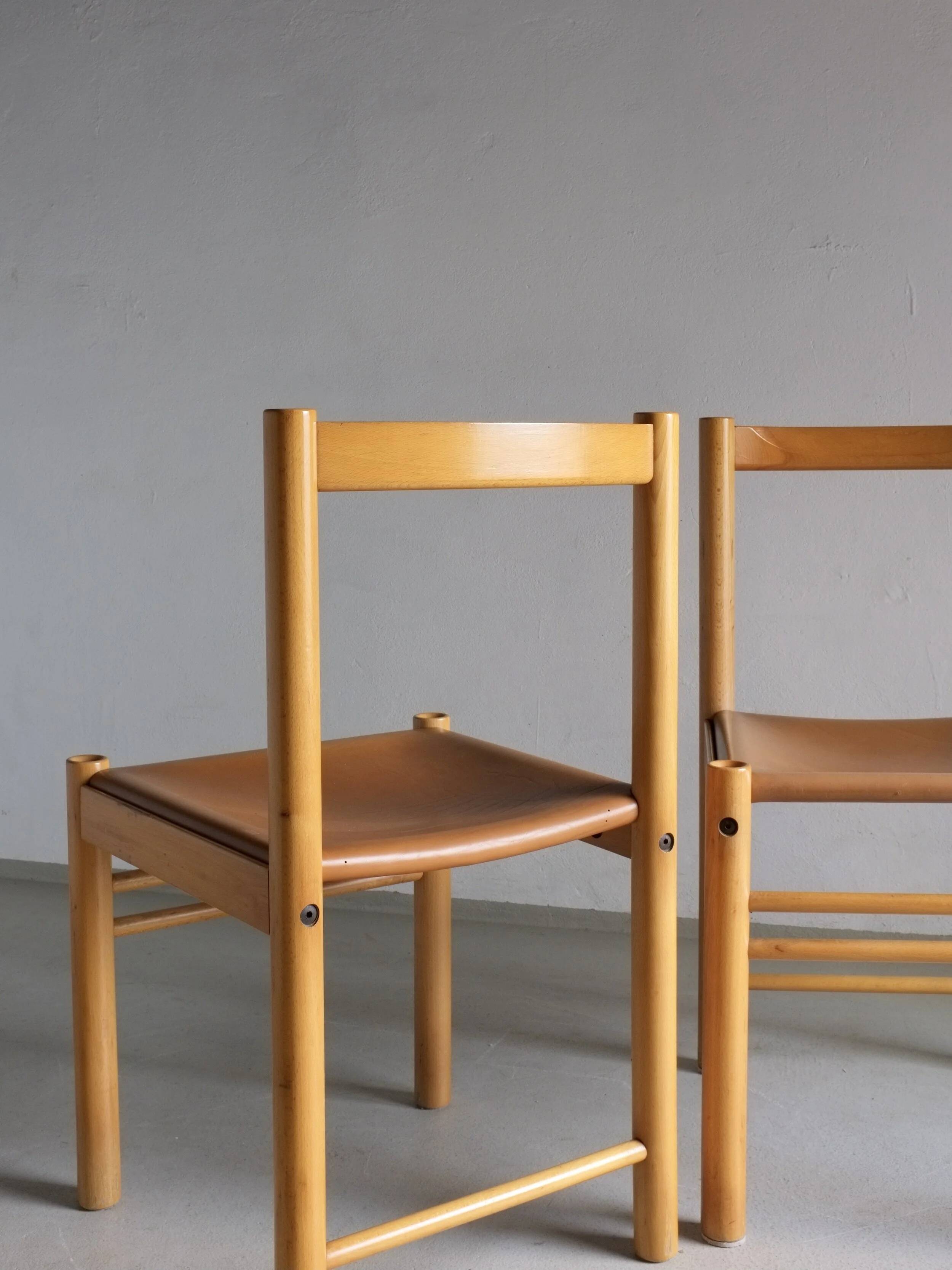 6 beech wood cognac leather chairs | Ibisco | Italy | 1960s