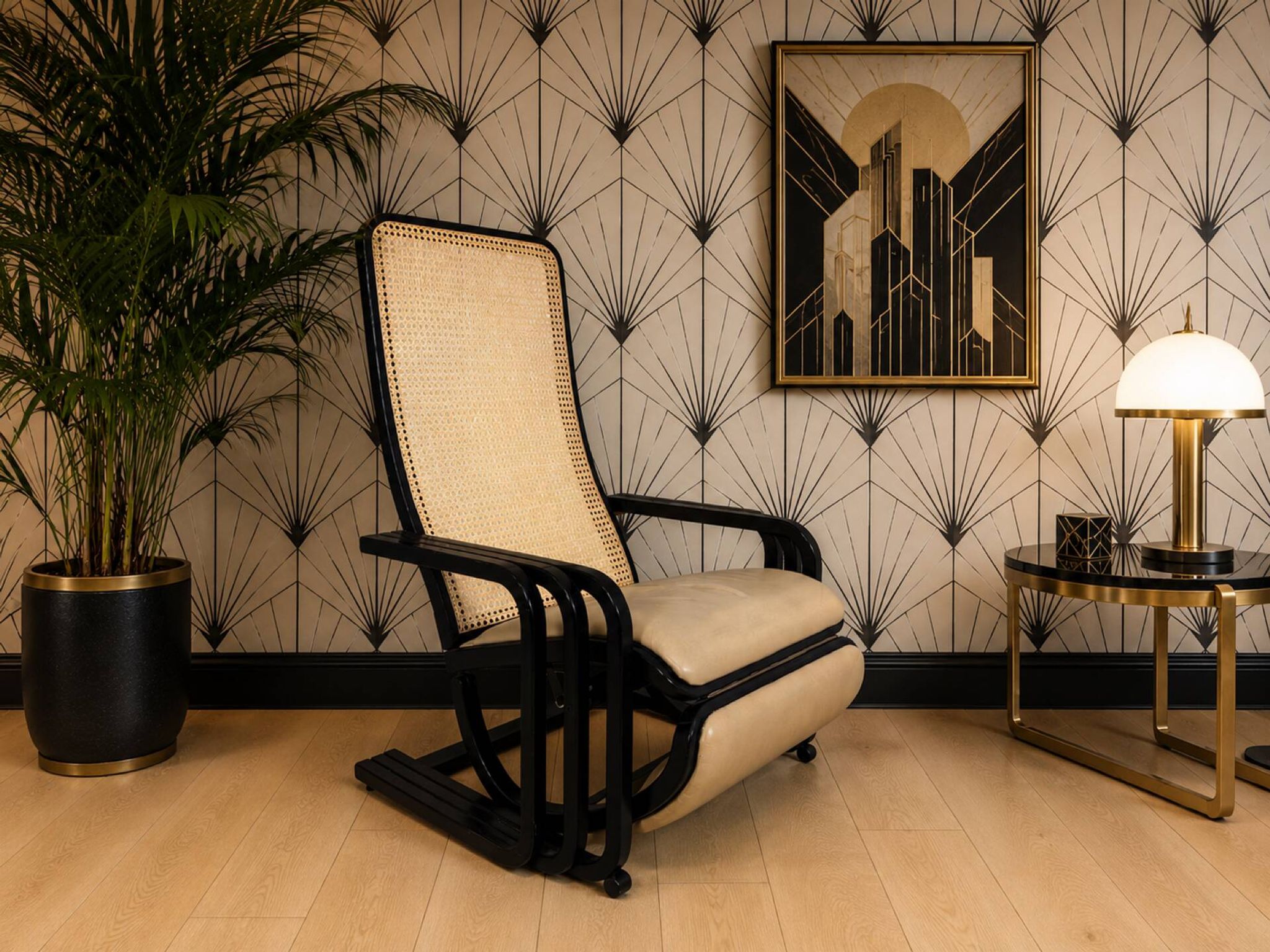 Rocking lounge chair, curved wood, leather, Viennese cane design.