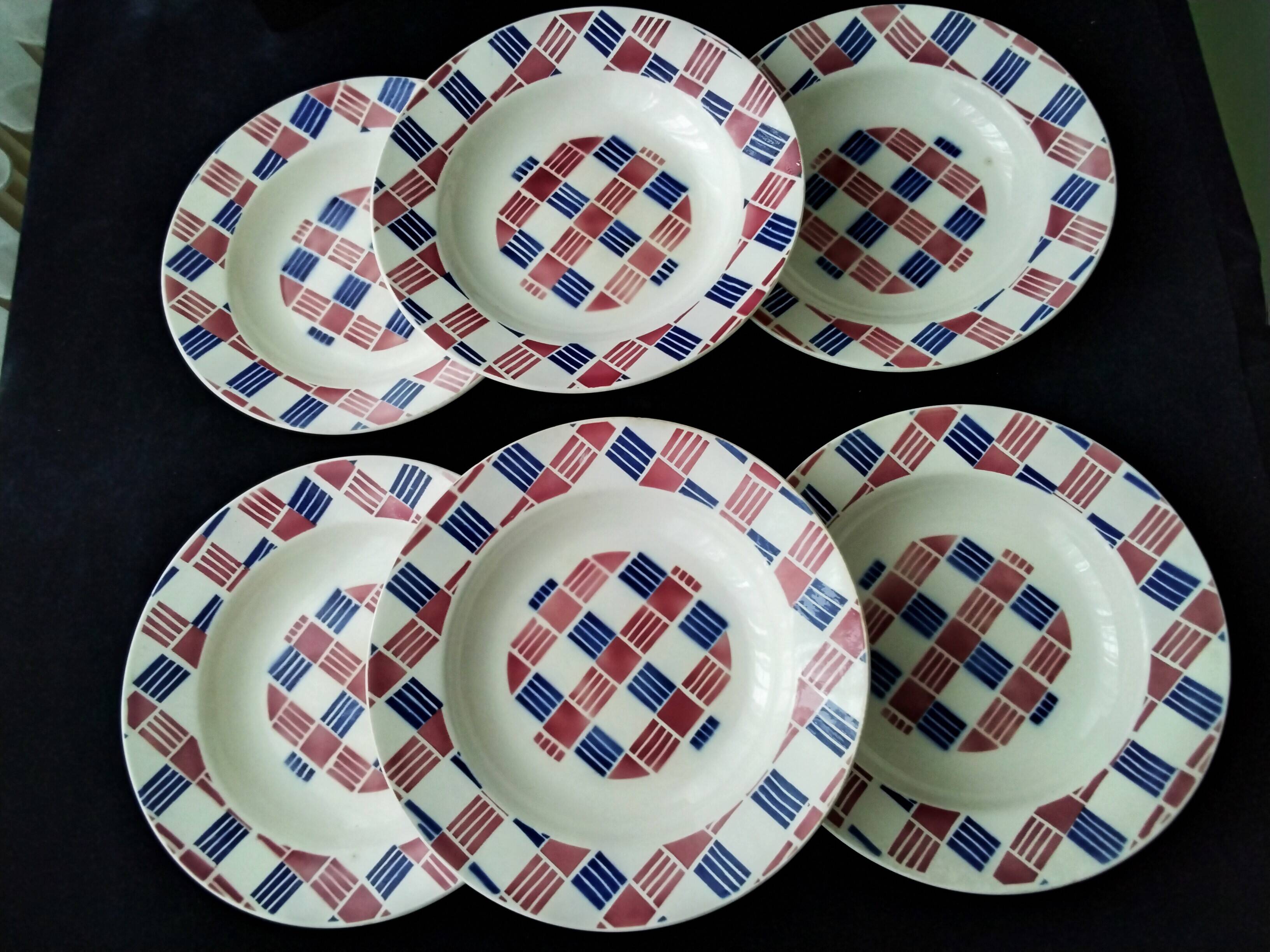 6 Saint Amand earthenware soup plates, Art Deco style