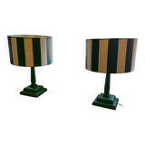 Pair of wooden bedside lamps with striped lampshades