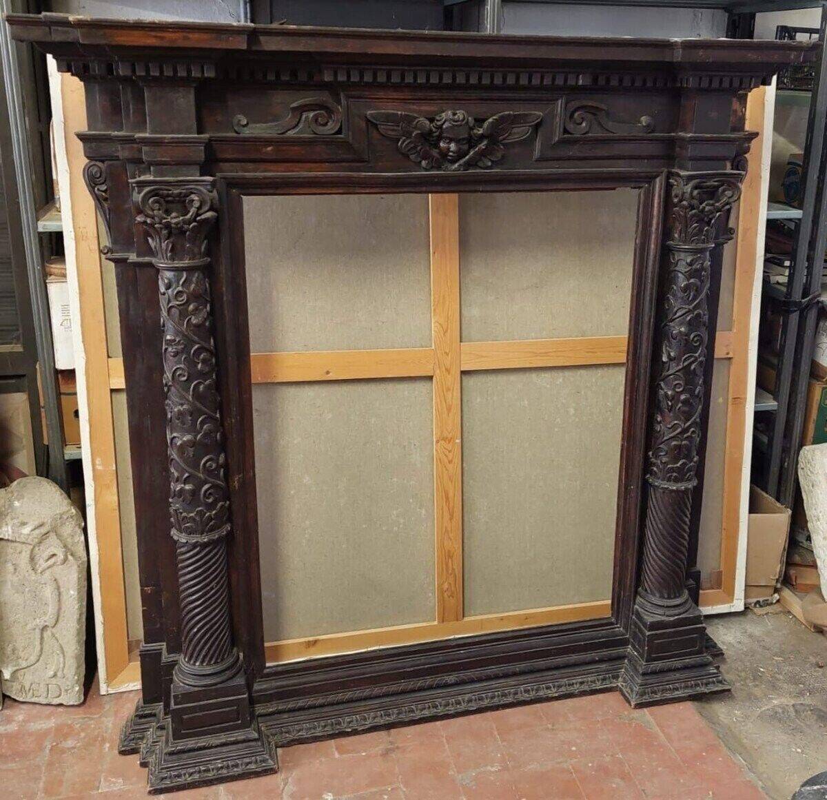 Large fireplace aedicule, carved frame, Renaissance style, 17th century, Italy