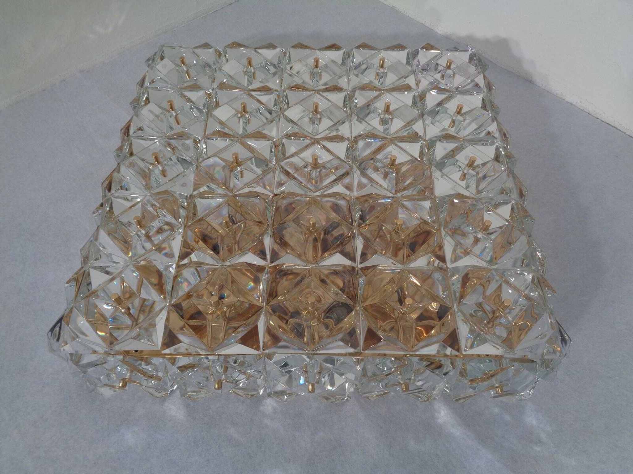 Large Gold-Plated & Crystal Glass Flush Mount from Kinkeldey, Germany, 1970s