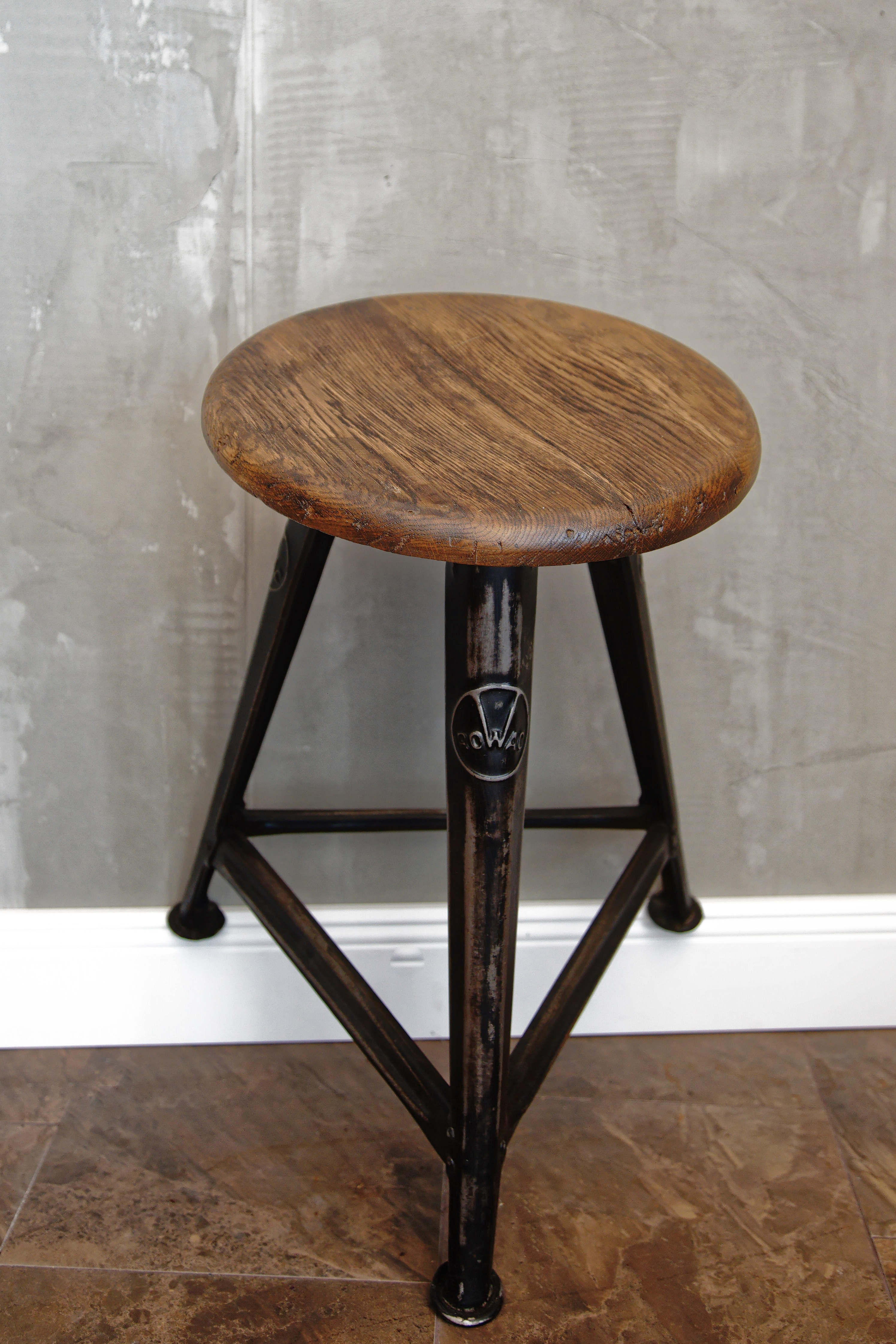 Industrial german metal and wood stool by Robert Wagner for Rowac, 1930s