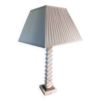 Tall twisted white marble lamp 1950, taupe pleated lampshade