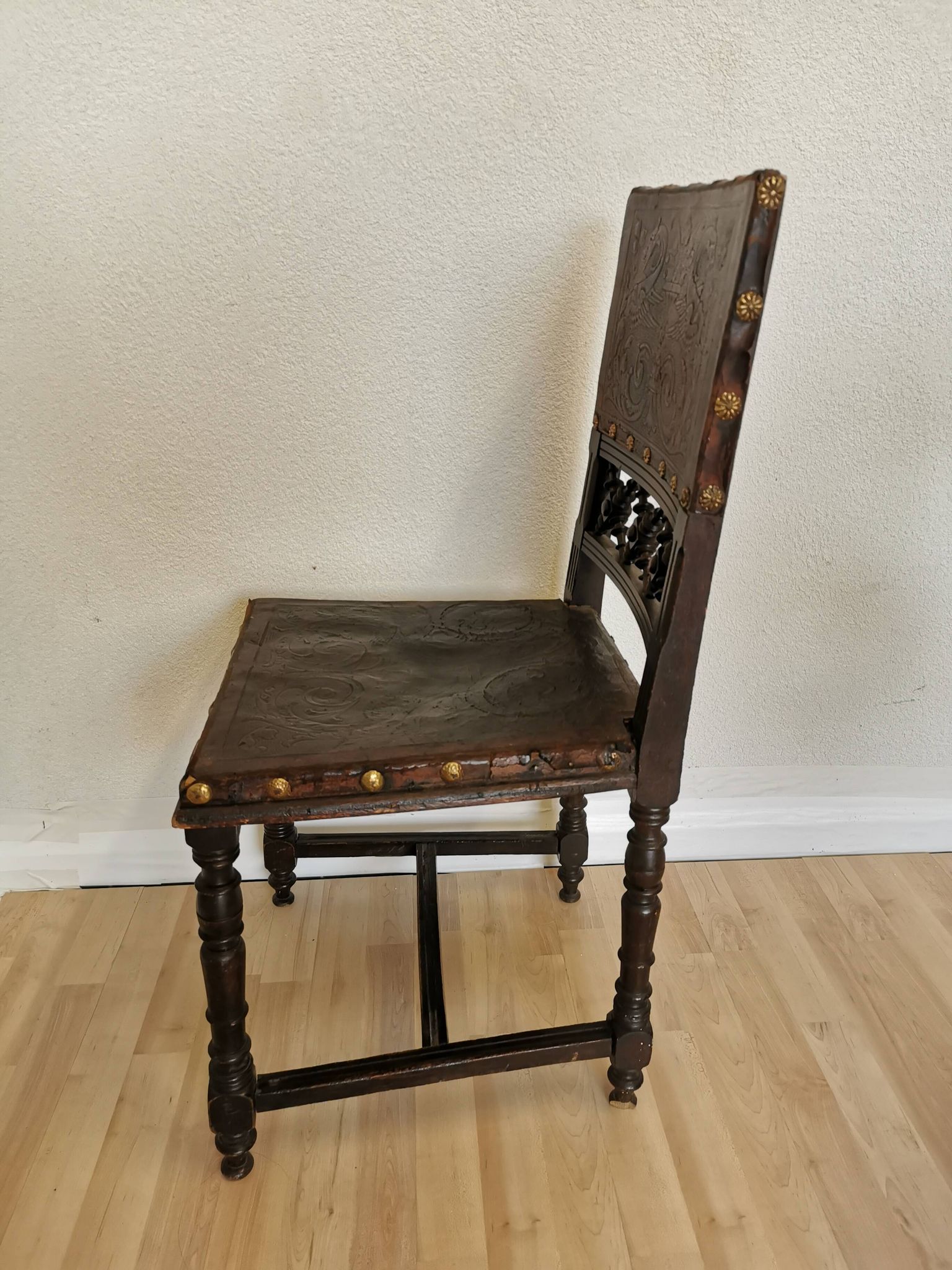 Antique 1930s Leather Dining Chair: Carved Wood Base, Metal Accents
