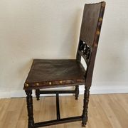 Antique 1930s Leather Dining Chair: Carved Wood Base, Metal Accents