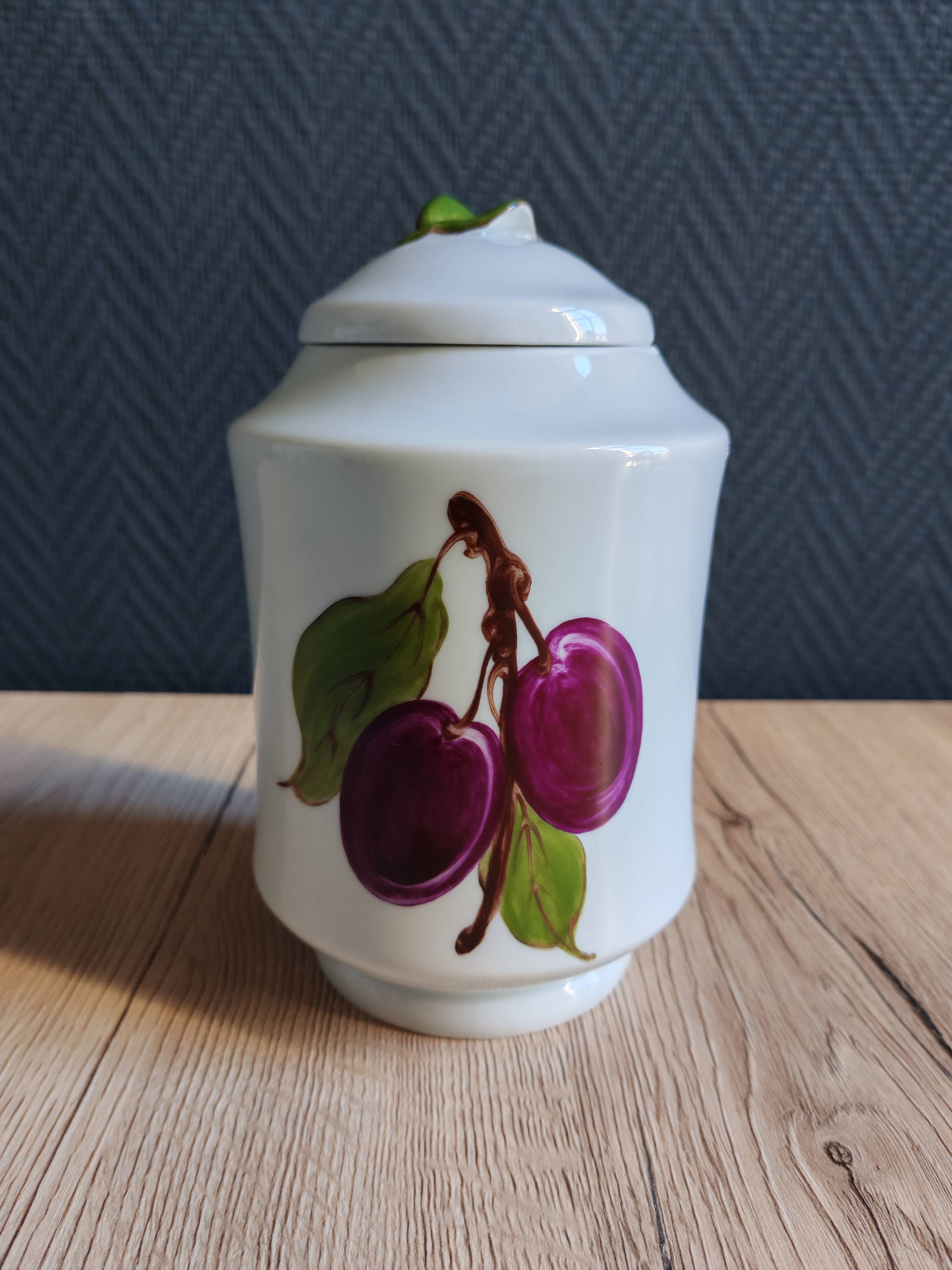 Porcelain jam pot with hand-painted plum design, signed sweet jar.