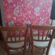 Vintage 70s chairs with wooden frames and blue formica seats.