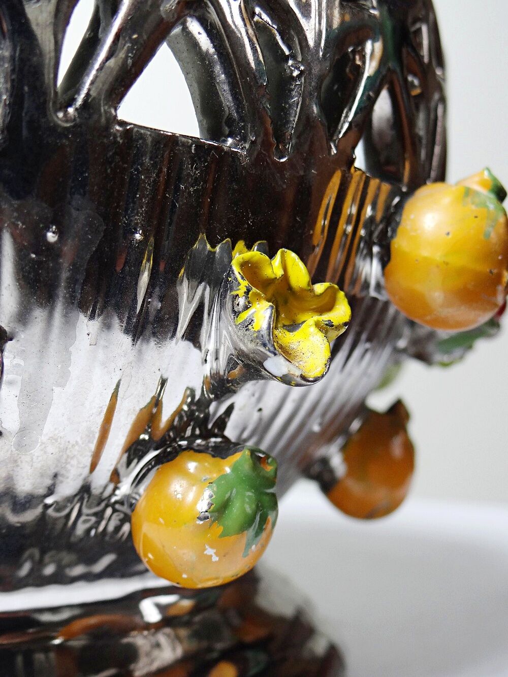 Vintage Italian silver-plated porcelain bowl with cut-out design of fruits and flowers.