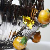 Vintage Italian silver-plated porcelain bowl with cut-out design of fruits and flowers.