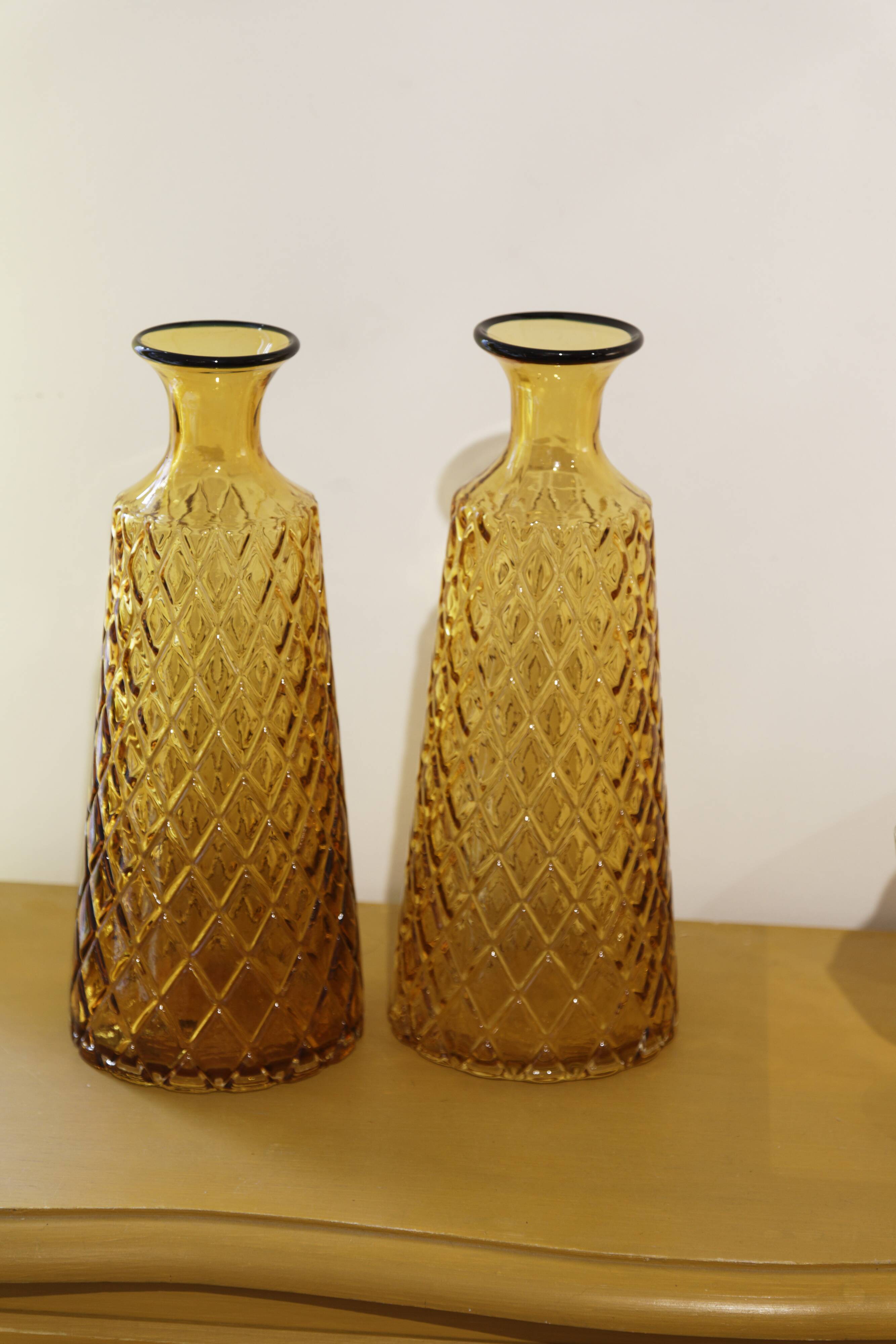 Pair vases carafes in carved glass amber 70's