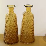 Pair vases carafes in carved glass amber 70's