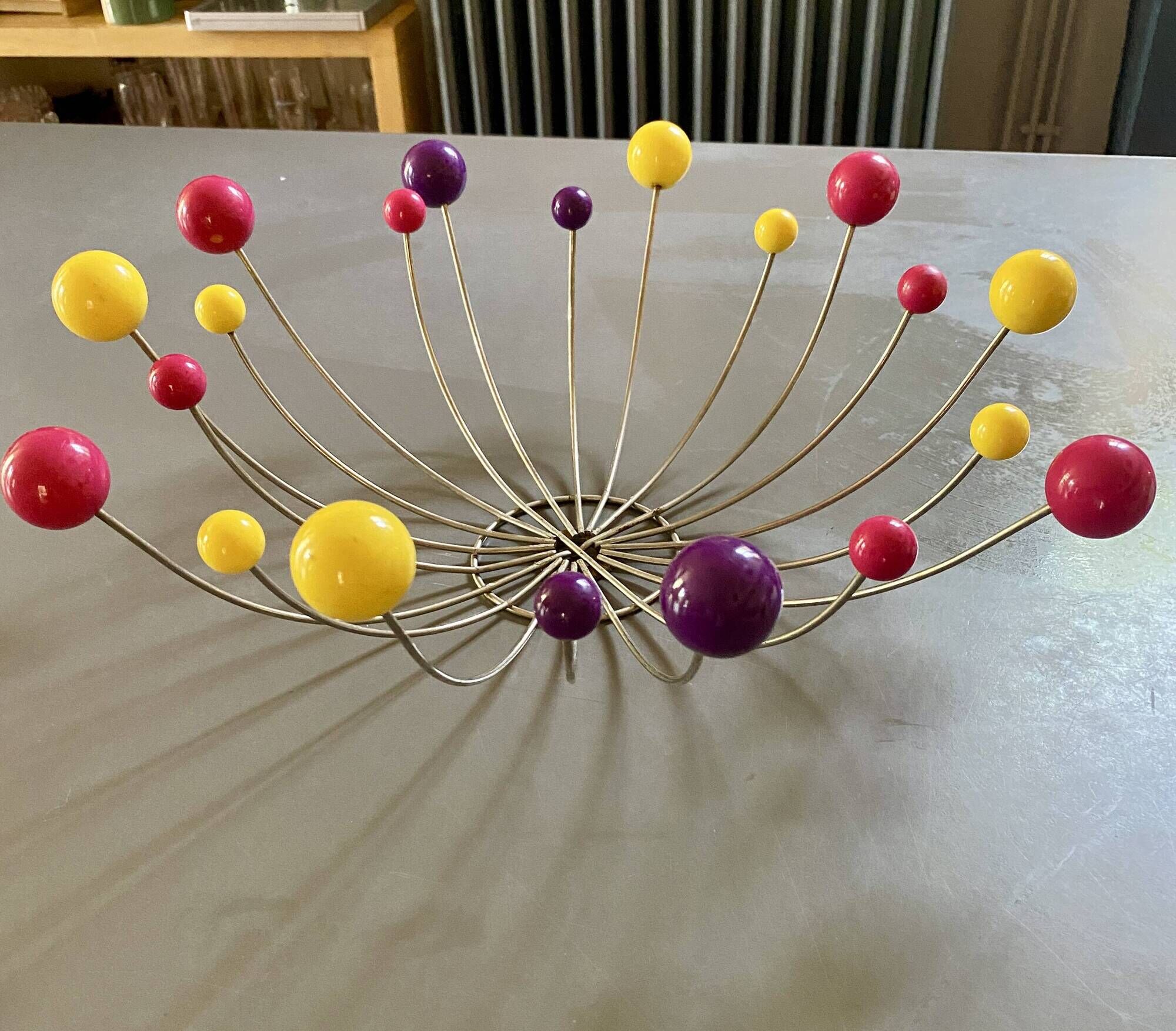 1950s fruit bowl, atomic sputnik, multicolored wooden balls and metal