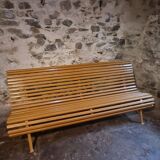 Vintage French garden bench in pine, mid-20th century.