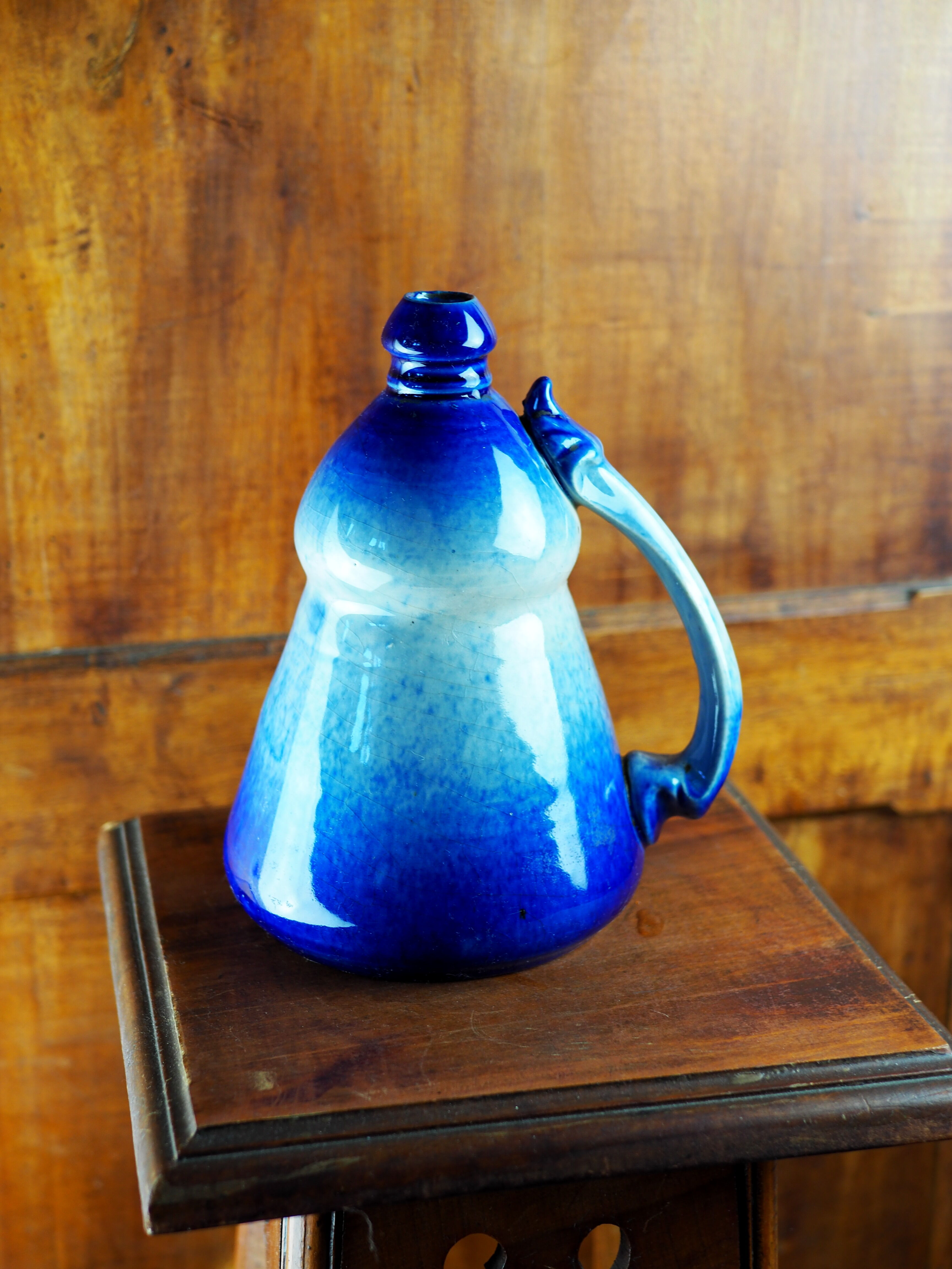 Conical jug with blue glaze and elaborate handle - folk art - early twentieth century