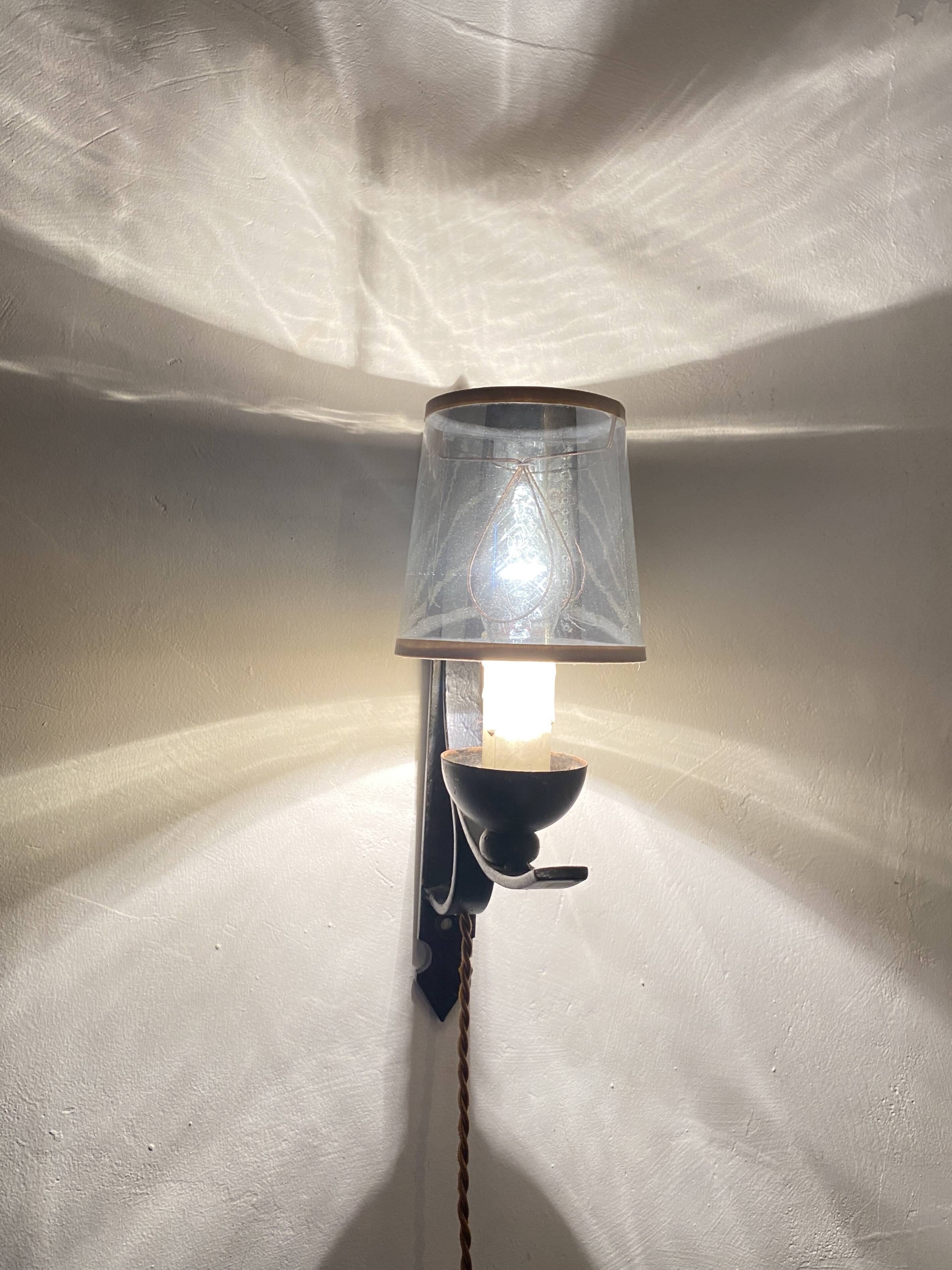 Wrought iron wall light, new fabric cabie, mirror lampshade