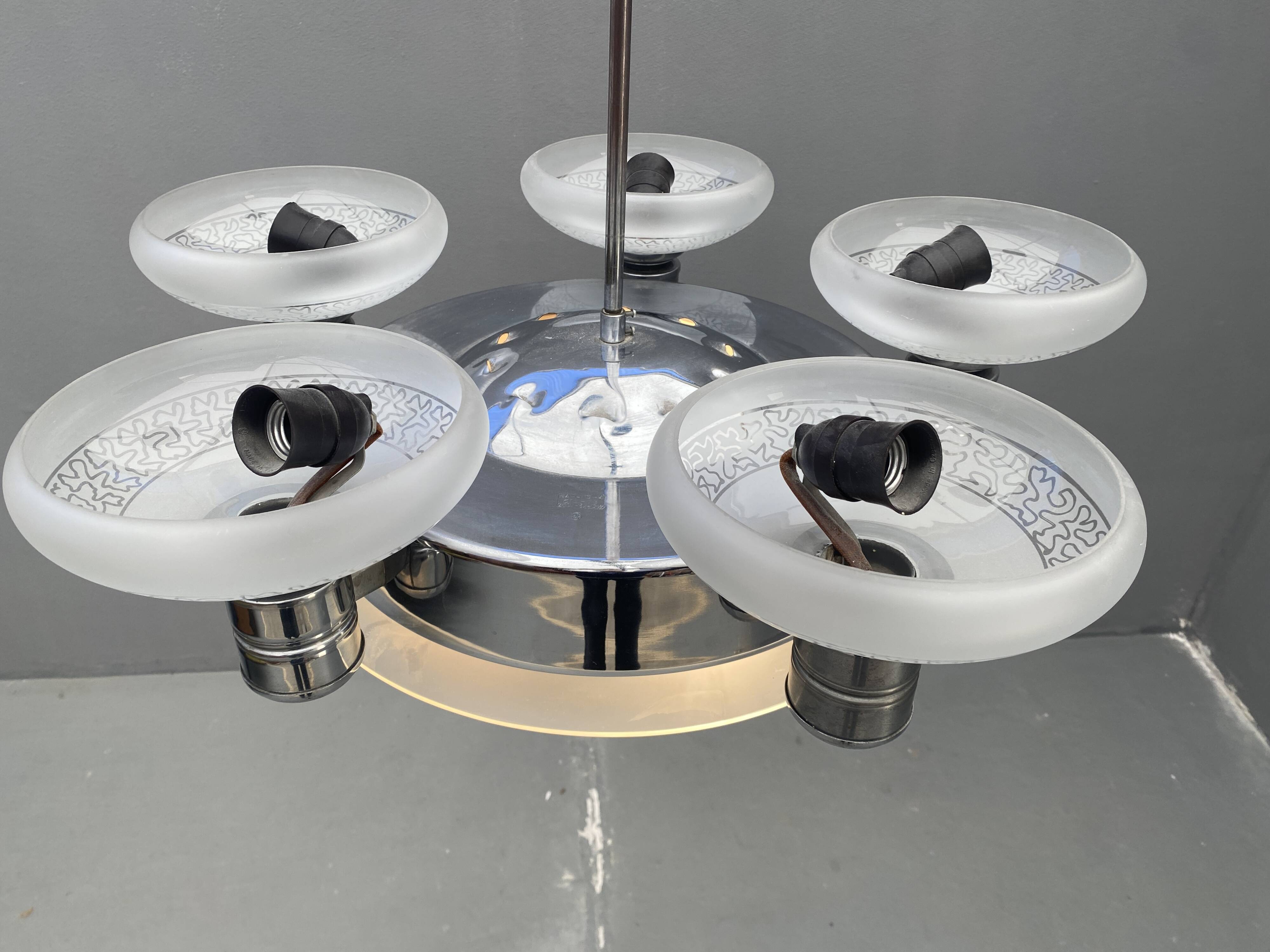Art Deco Chrome Chandelier with Glass Bowl Shades