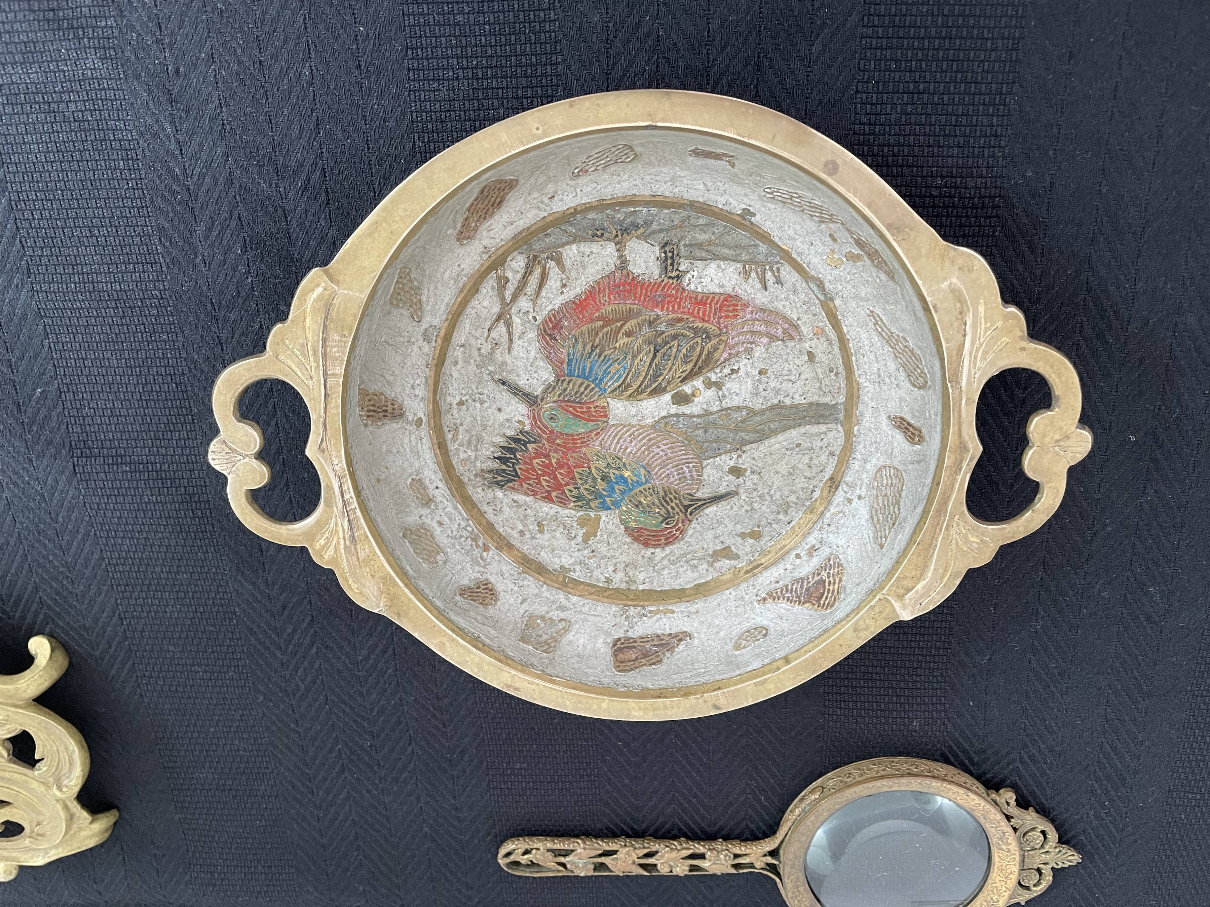 Antique chiseled brass cup - empty pocket - gold - gold color - painted birds - France