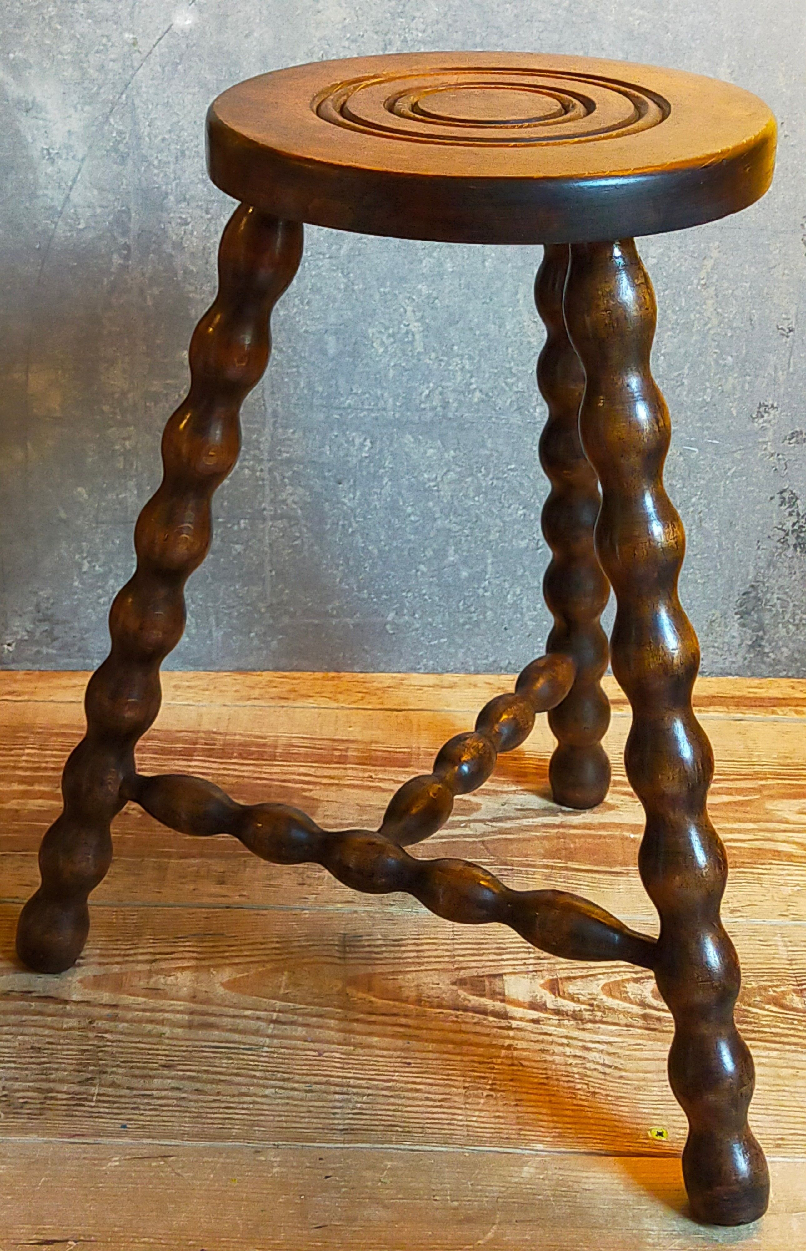 Tripod stool solid wood turned vintage