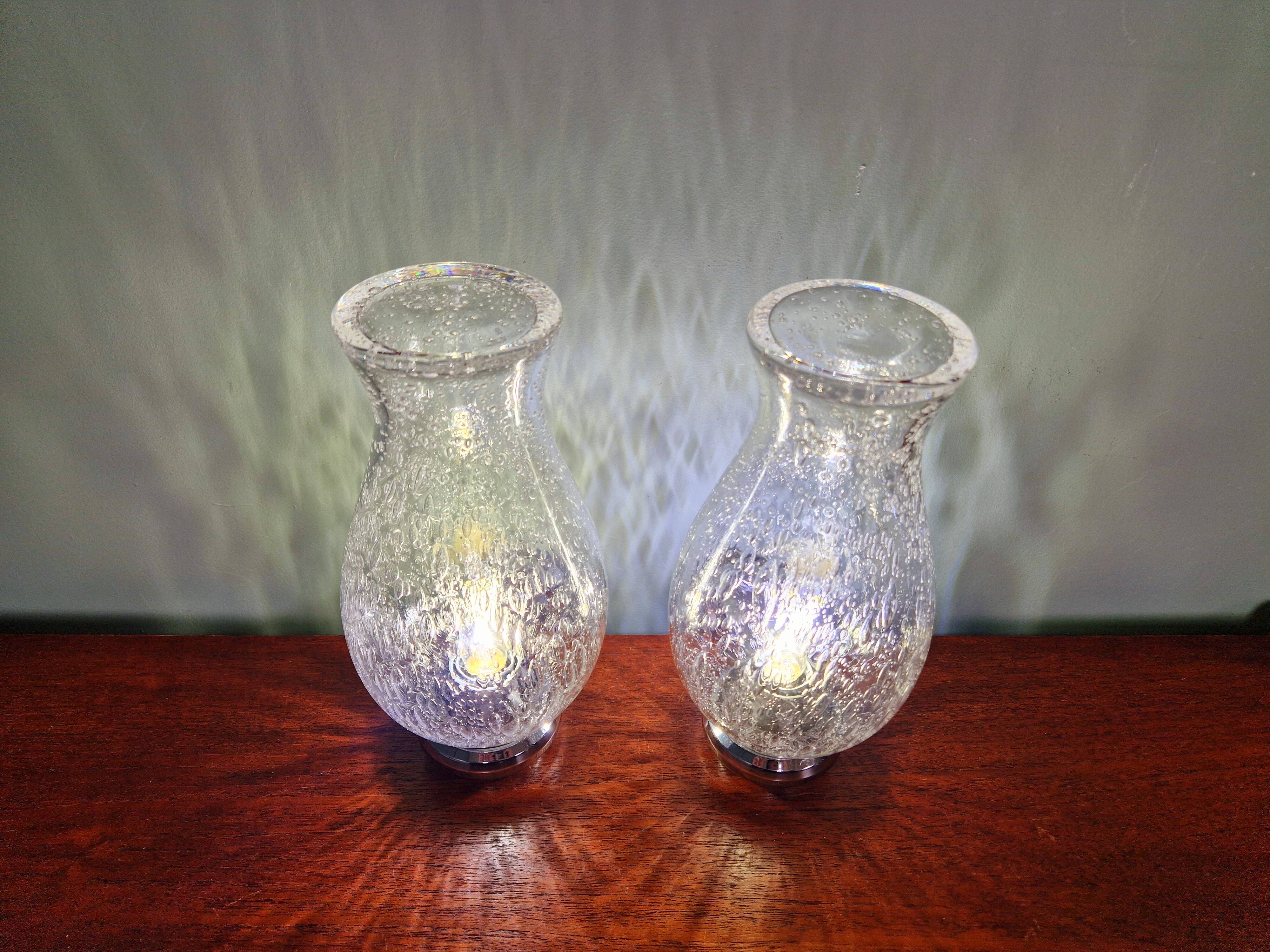 Pair of blown glass and chrome-plated metal wall lights, 1970s