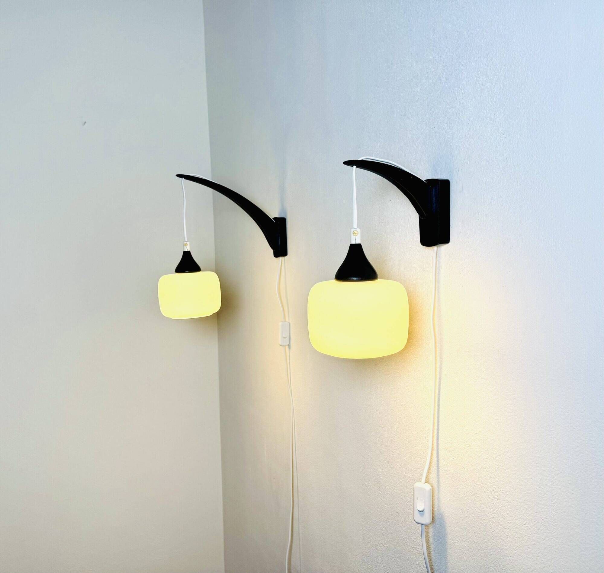 Set Of Single-Arm Wall Lamps In Teak And Opaline Glass By Uno & Östen Kristiansson For Luxus, Sweden 1960S