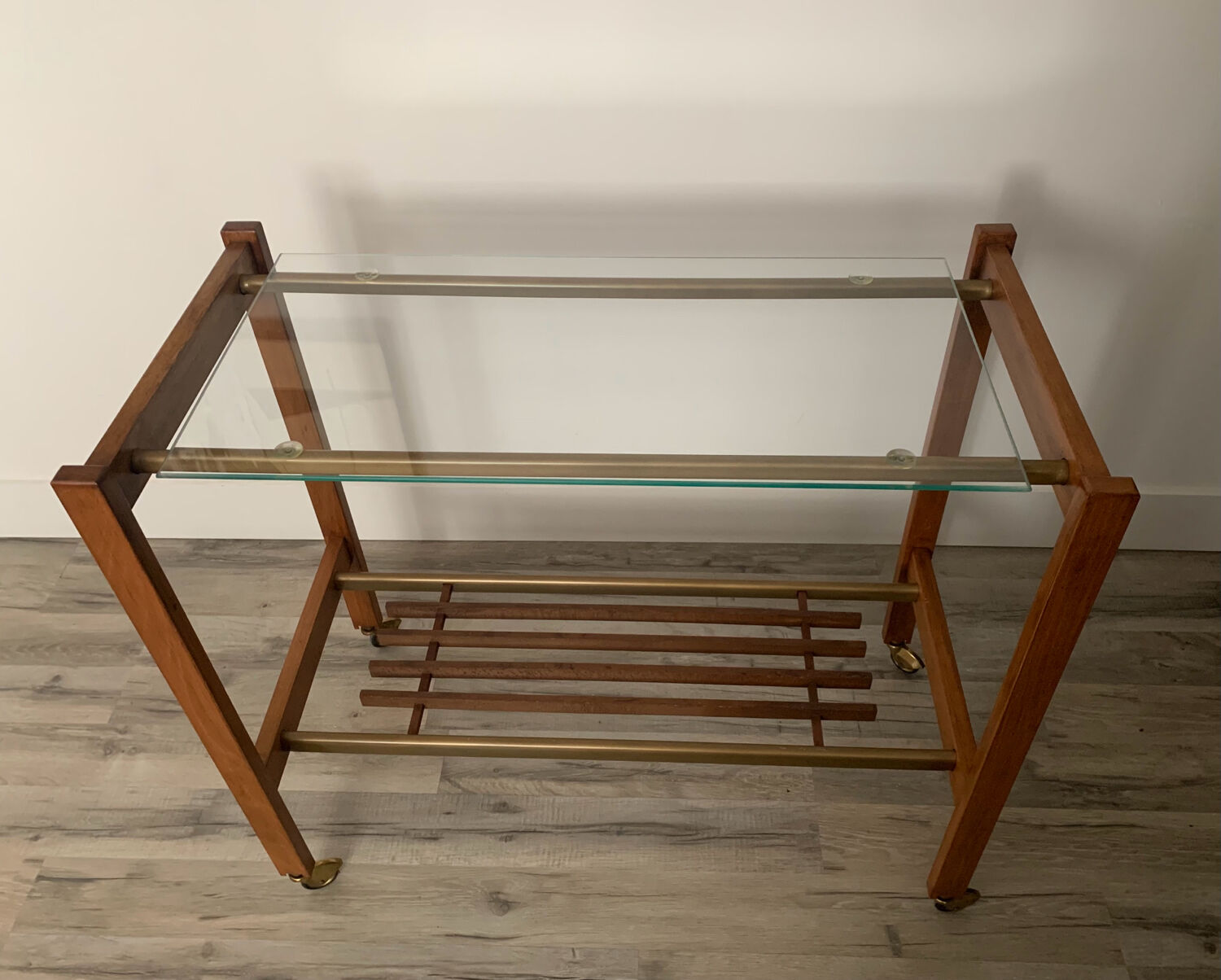 Danish trolley on wheels, teak, brass and glass