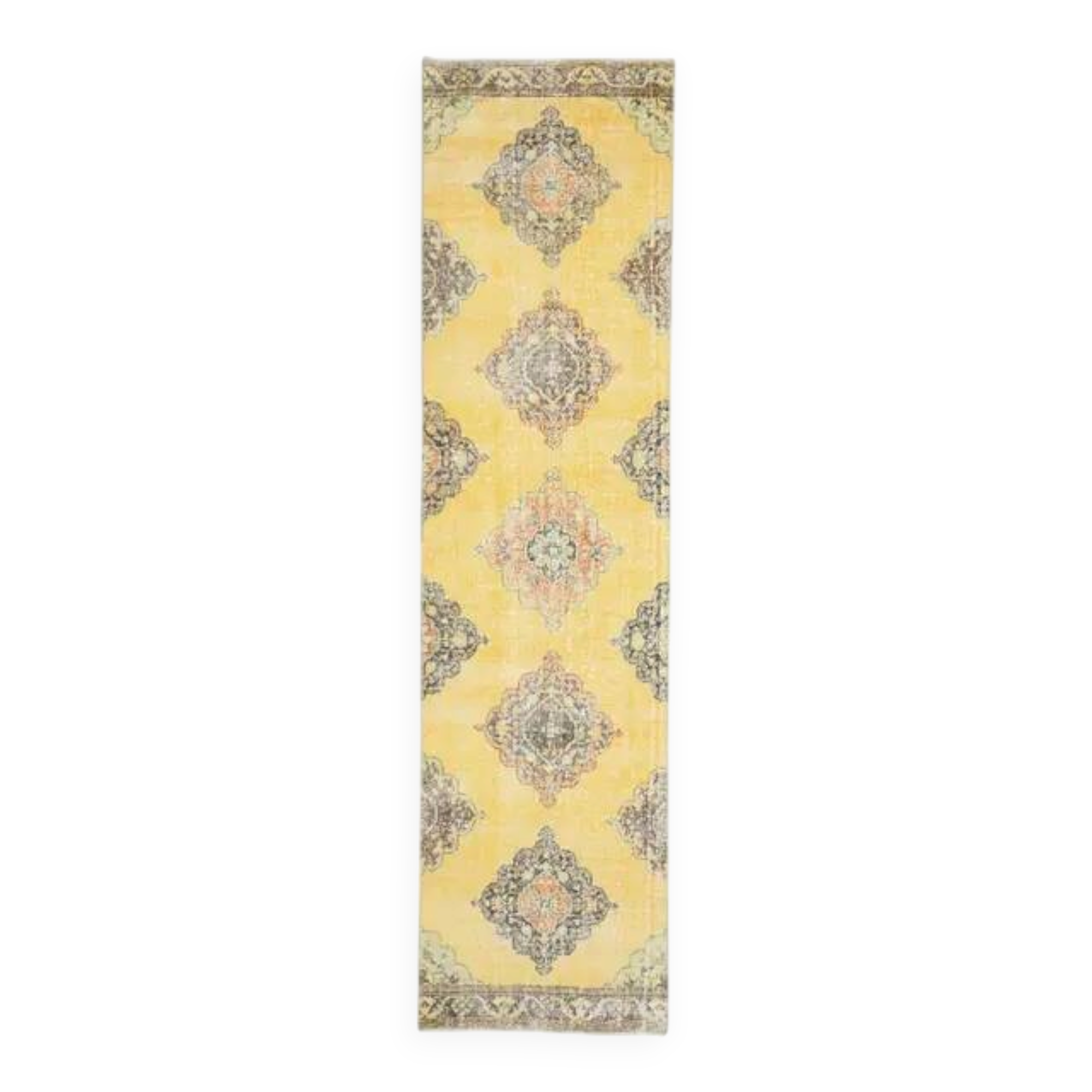 1970s Turkish Oushak Handmade Wool Cotton Yellow Runner 96x385