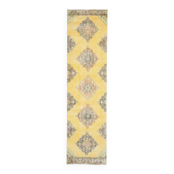 1970s Turkish Oushak Handmade Wool Cotton Yellow Runner 96x385