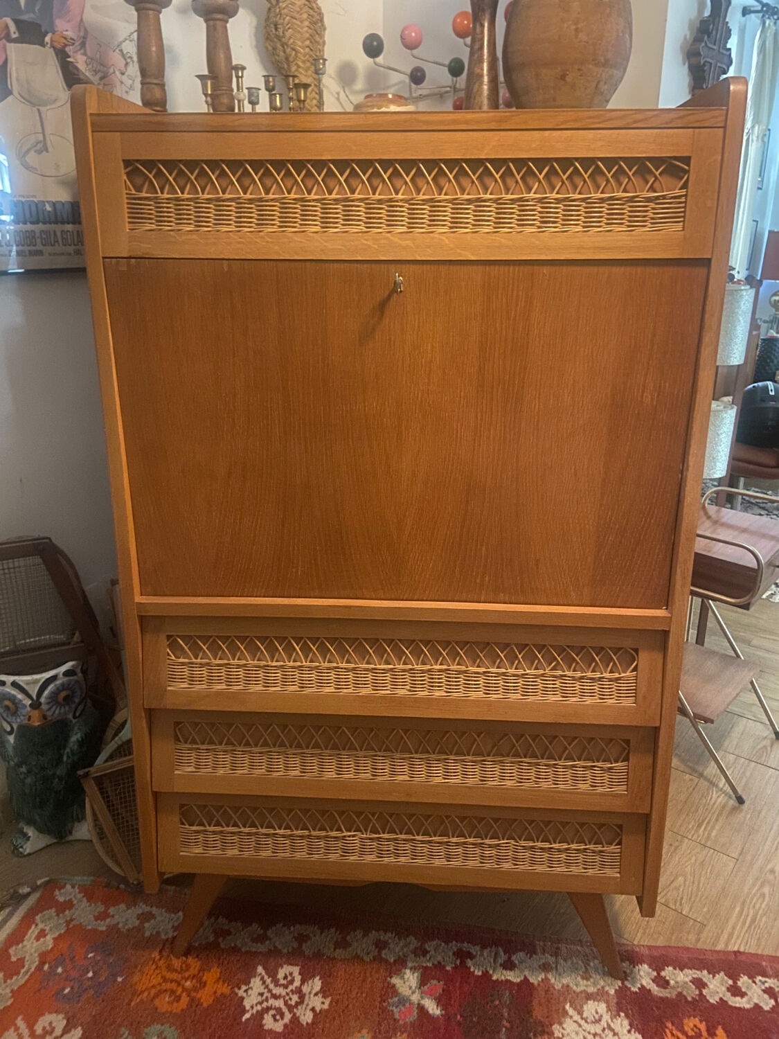 Vintage wooden and rattan secretary