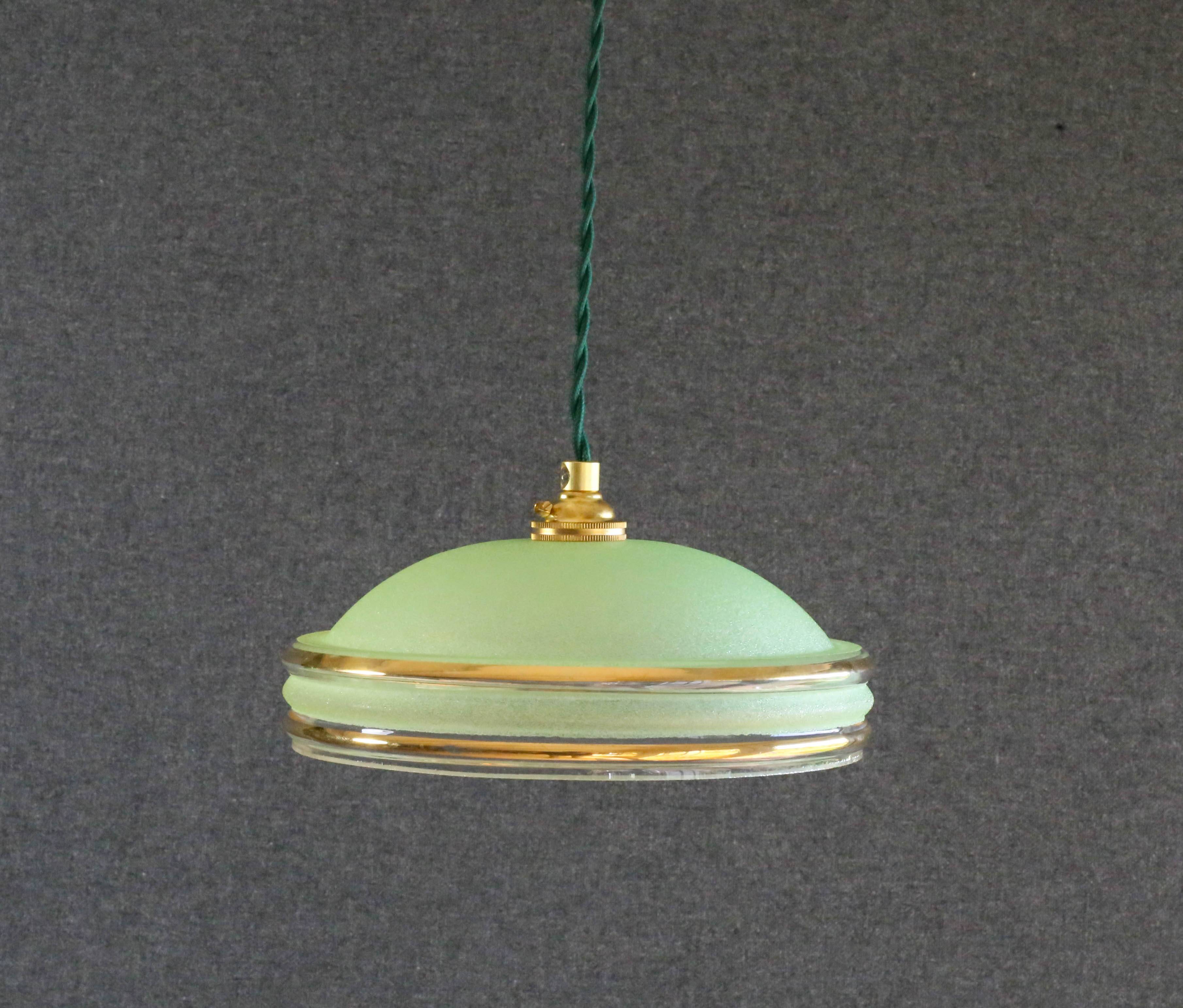 Antique 1940s pendant light in green granite glass with gold threads, new socket and cable