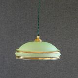 Suspension ancienne années 40 en verre granité vert avec filets dorés, douille et cable neufs