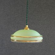 Suspension ancienne années 40 en verre granité vert avec filets dorés, douille et cable neufs