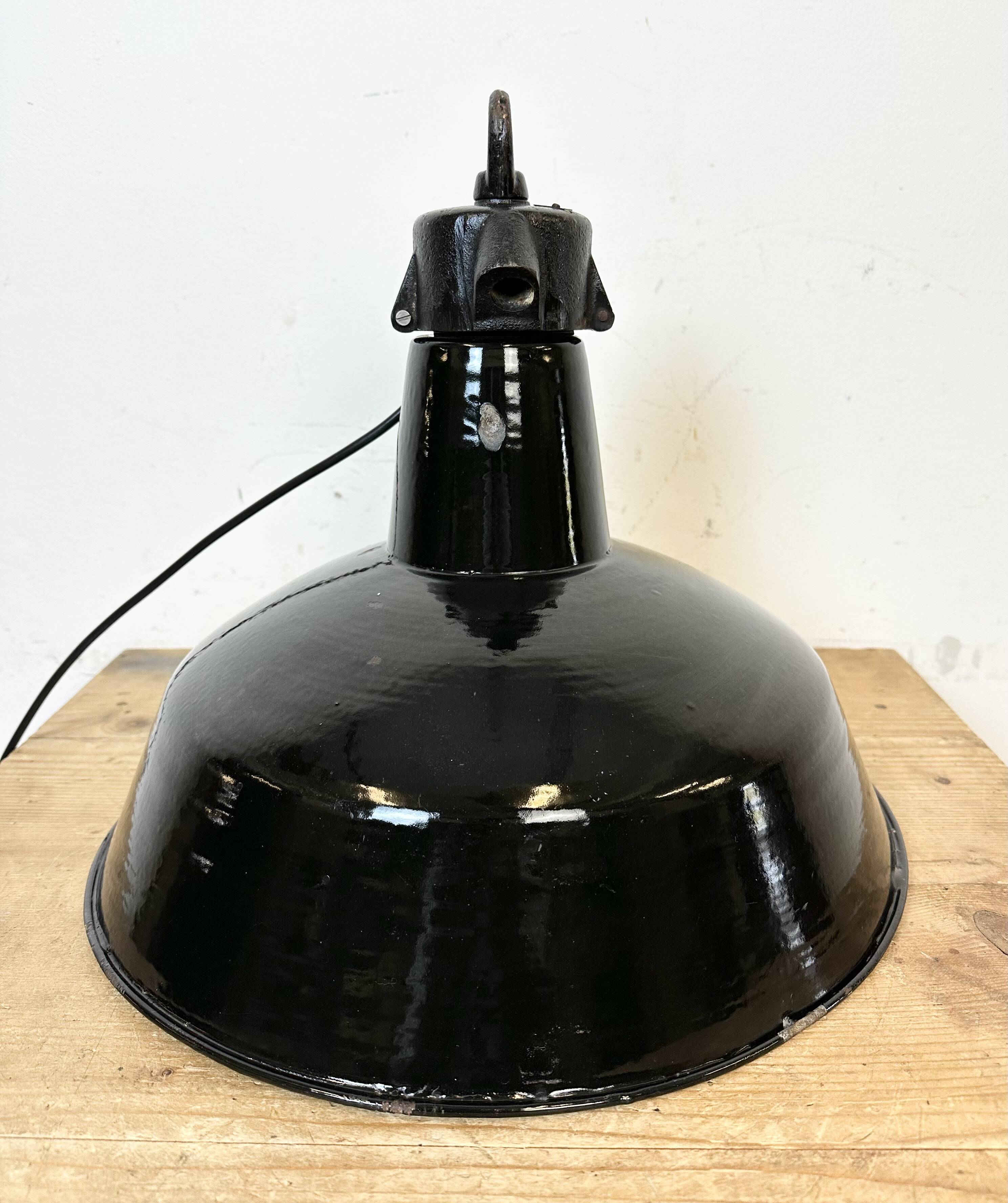 Industrial Black Enamel Factory Lamp with Cast Iron Top, 1950s