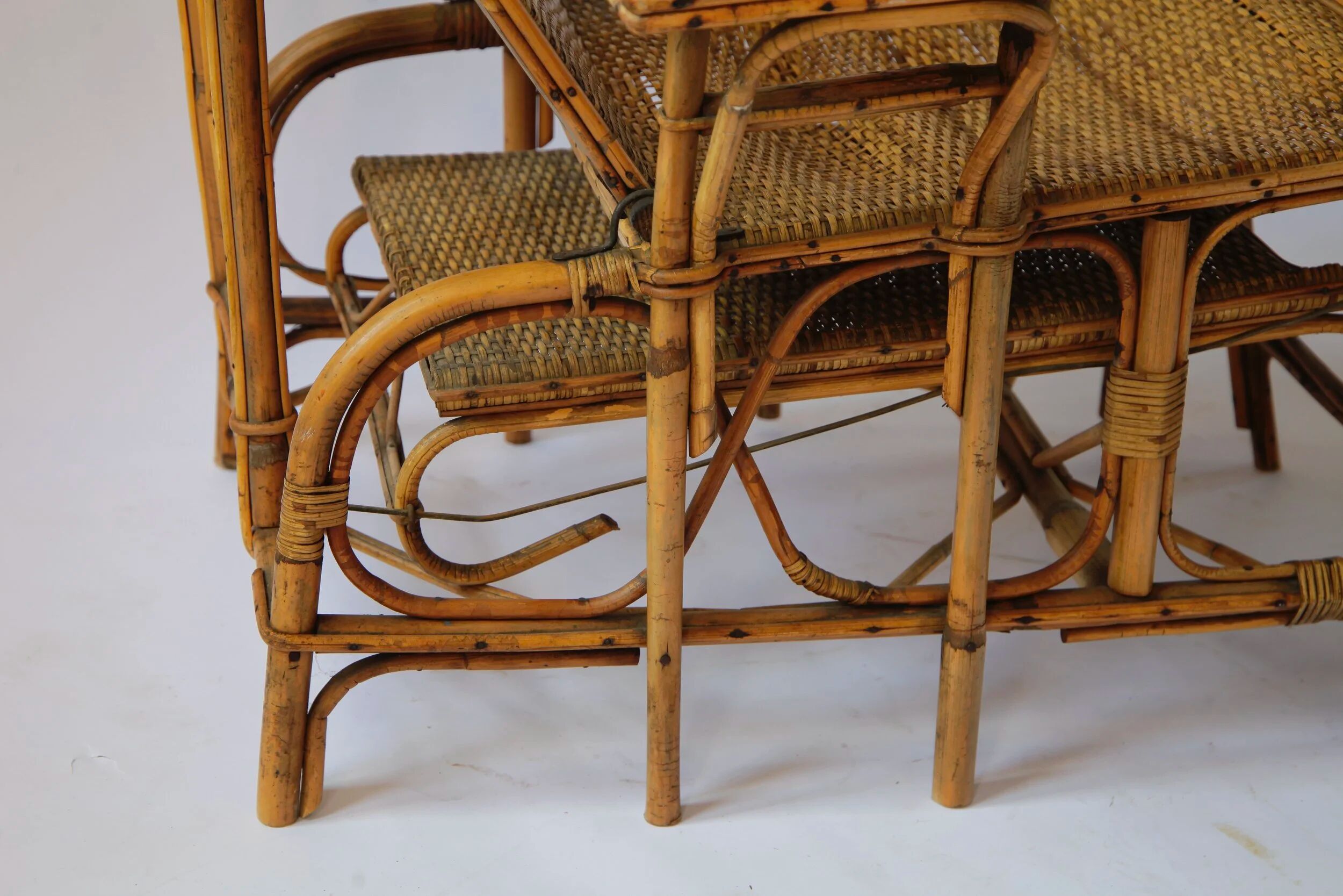 Vintage reclining armchair in rattan and bamboo, French Riviera, year