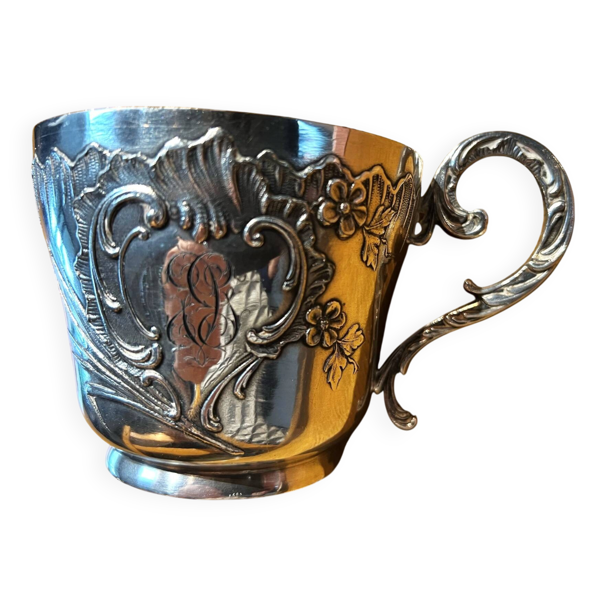 Large silver-plated metal cup Gallia with rooster and goat head hallmarks, numbered.