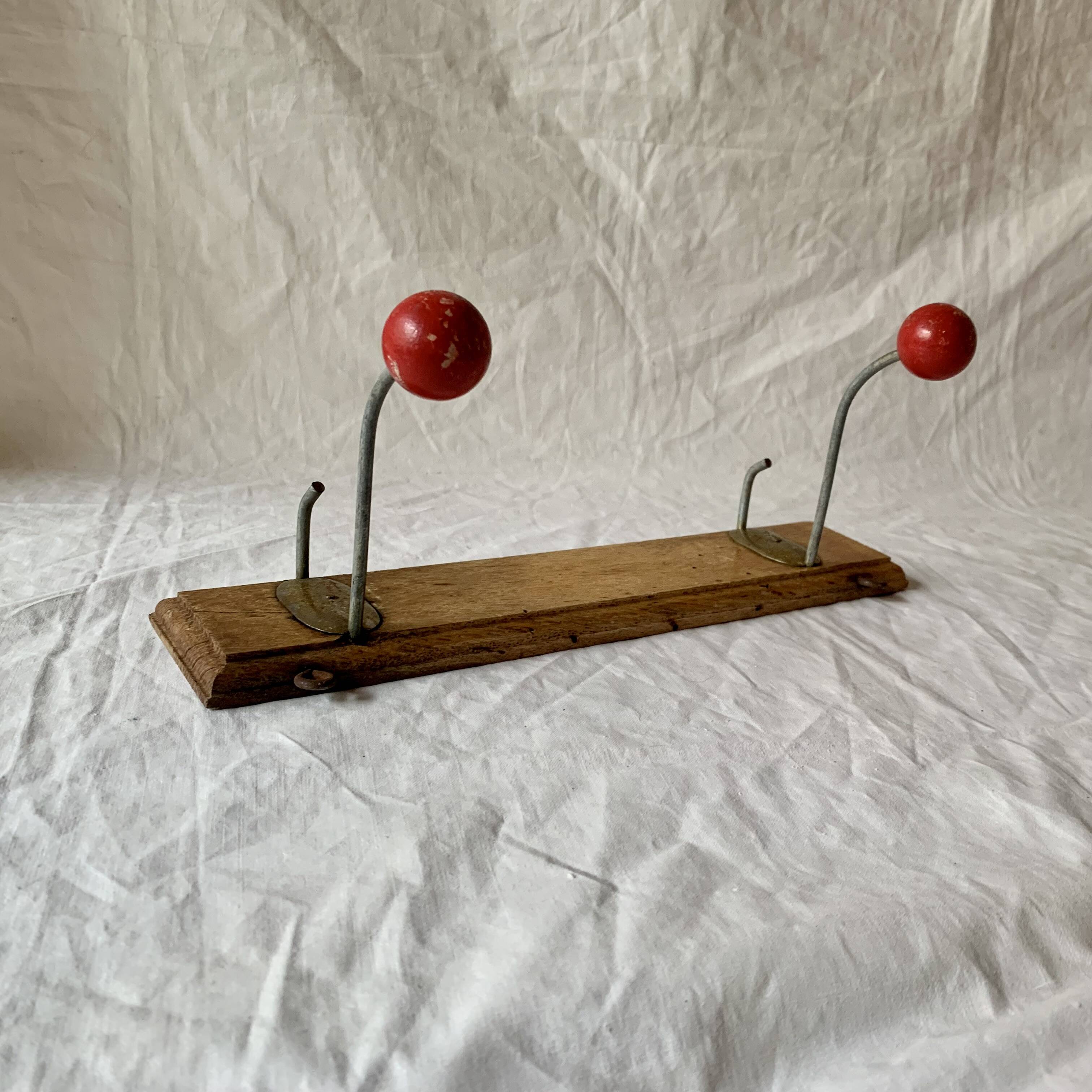 Vintage coat rack - double coat hook - red wooden balls
