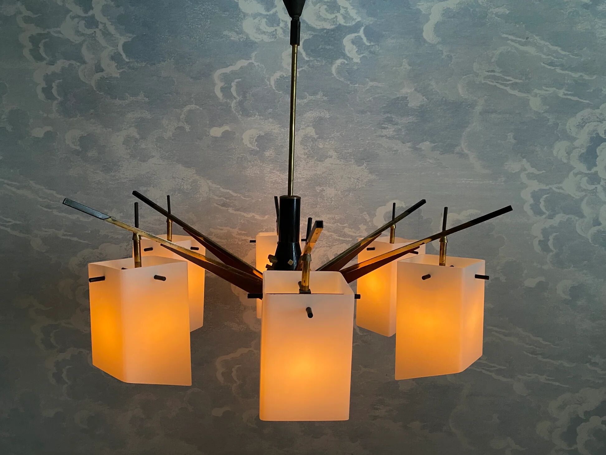 Six-armed chandelier with frosted glass lampshade, Stilux, Italy, 1960s.