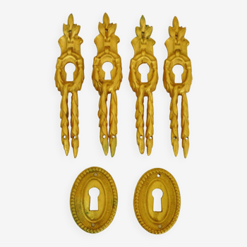 Lot de 6 entrées de serrure en bronze doré ancien, style Louis XVI, ornements meuble