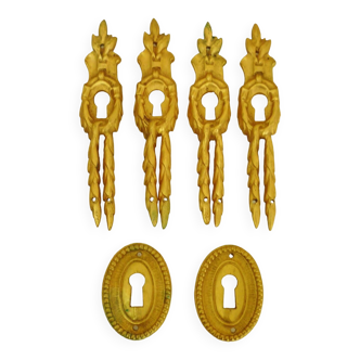 Lot of 6 keyholes in old gilded bronze, Louis XVI style, furniture ornaments