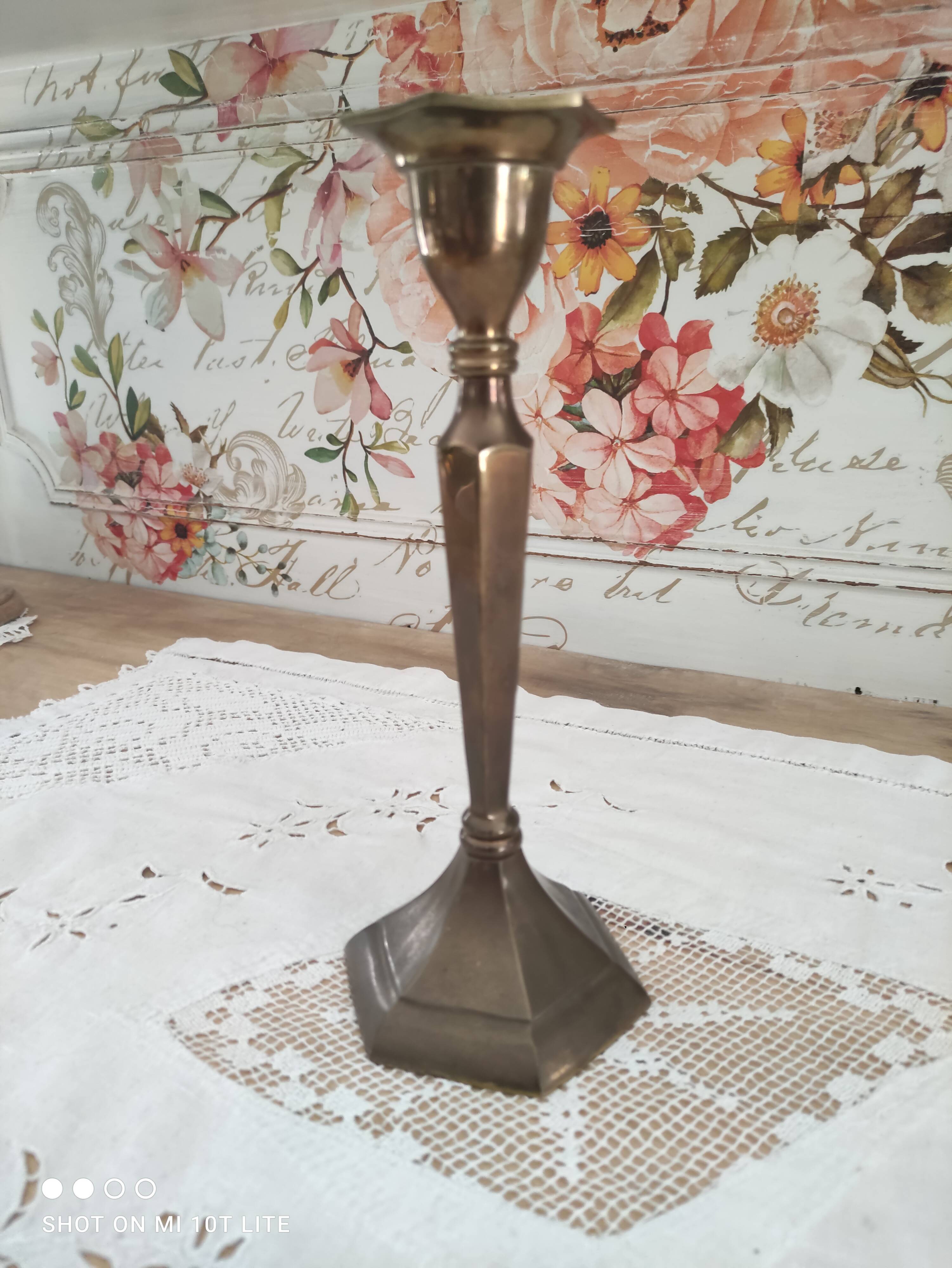Brass candle holder high hexagonal foot